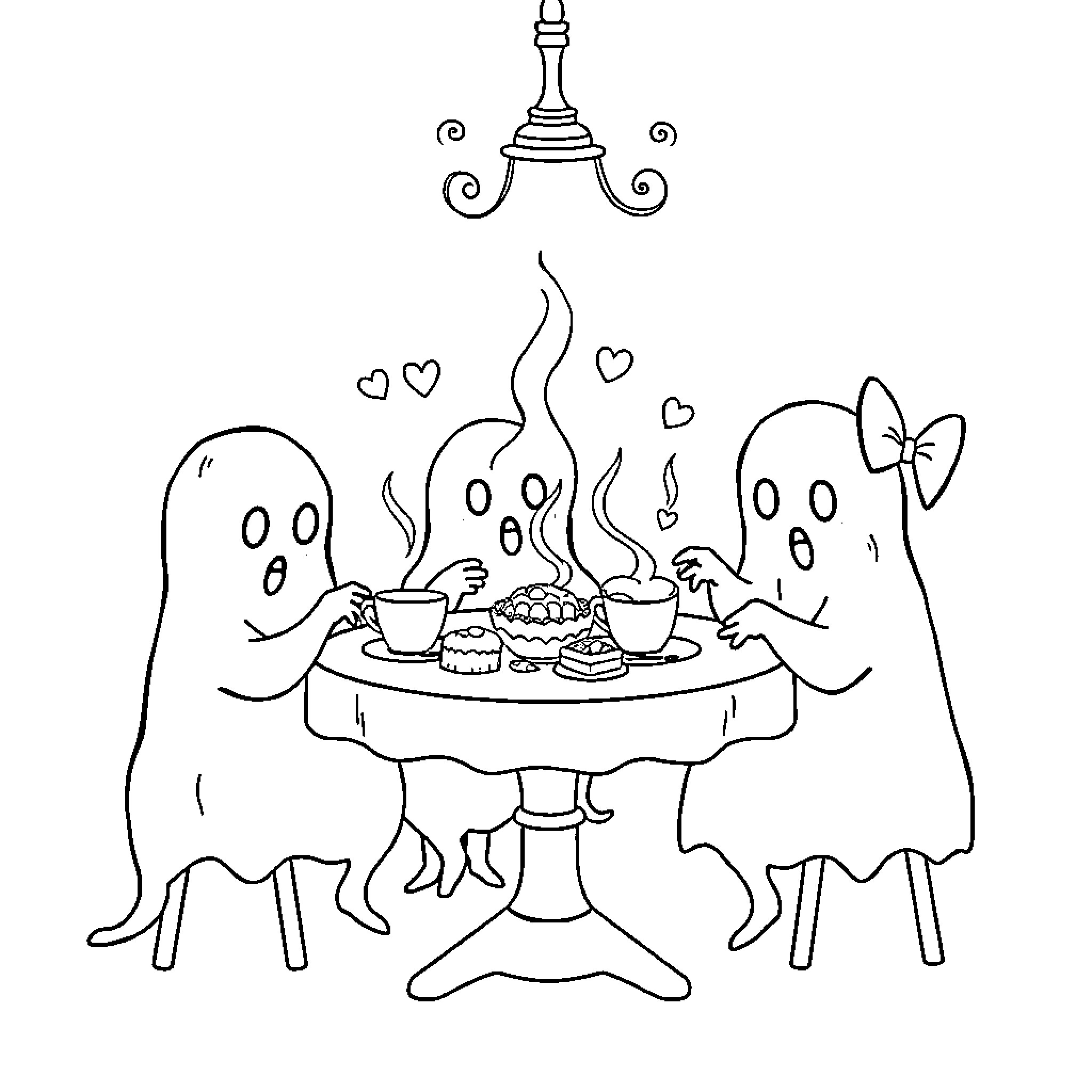 Ghost Enjoying a Spooky Tea Party Coloring Page (free black-and-white line drawing printable PDF for all, from beginners to advanced learners, including children, teens, adults, and seniors)