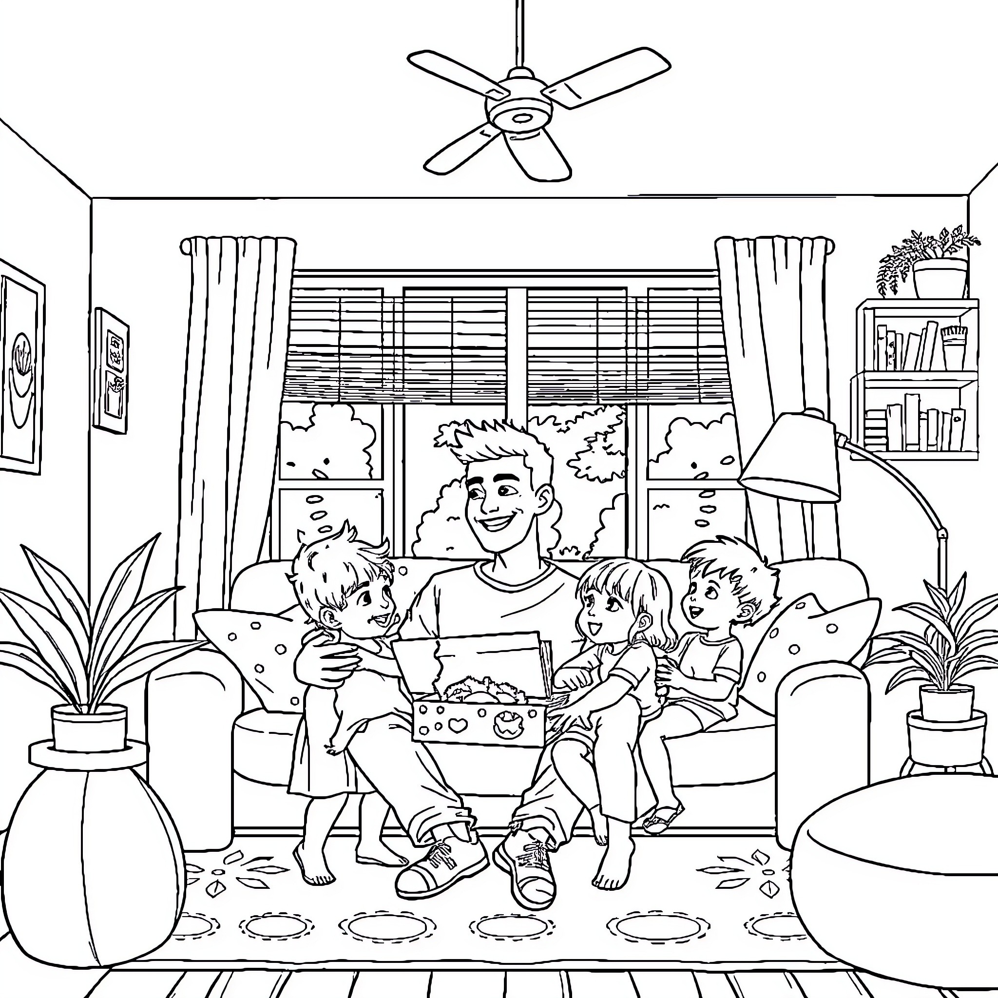 Dad Spending Quality Time with Kids at Home Coloring Page (free black-and-white line drawing printable PDF for all, from beginners to advanced learners, including children, teens, adults, and seniors)