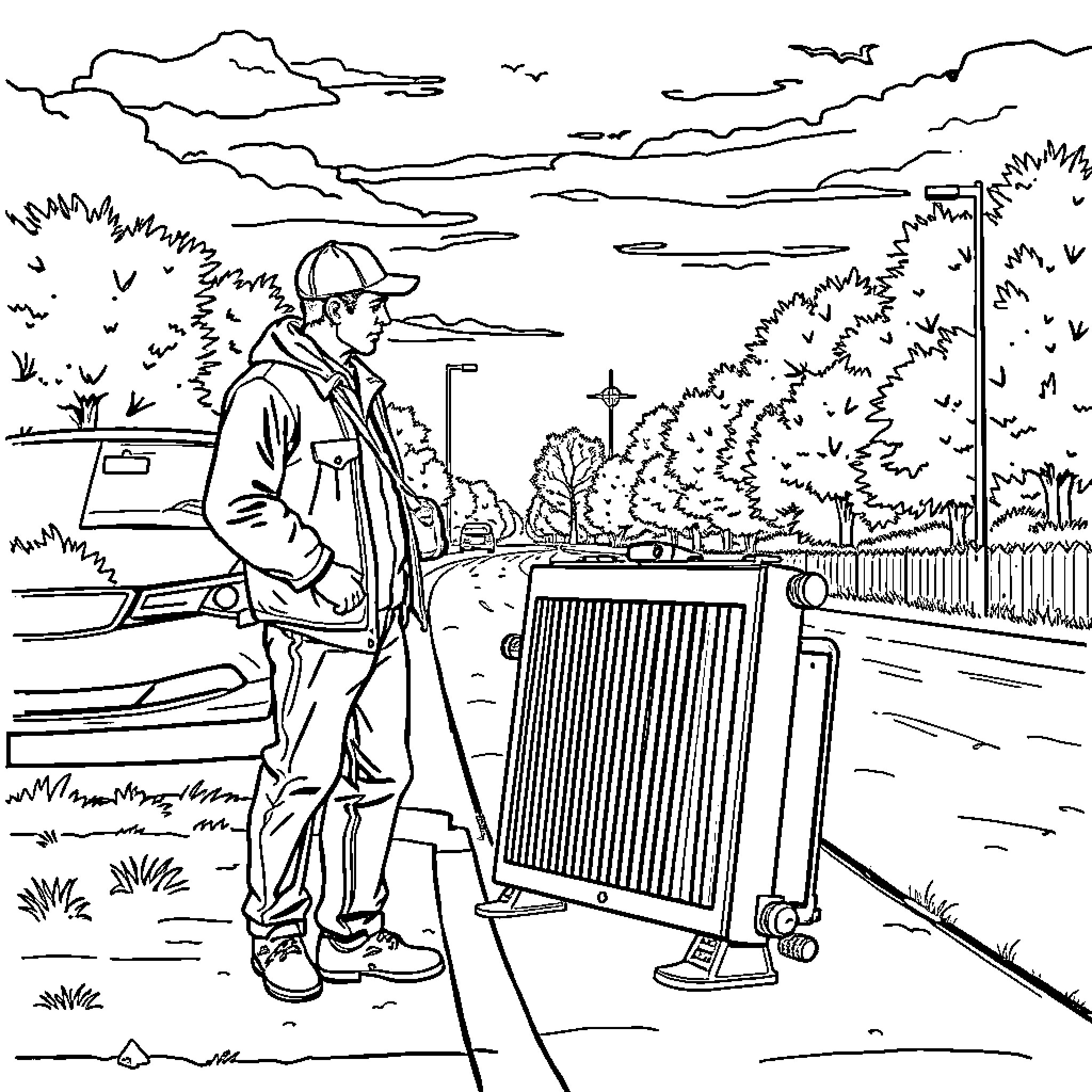 Man standing by parked car in outdoor scene Coloring Page (free black-and-white line drawing printable PDF for all, from beginners to advanced learners, including children, teens, adults, and seniors)