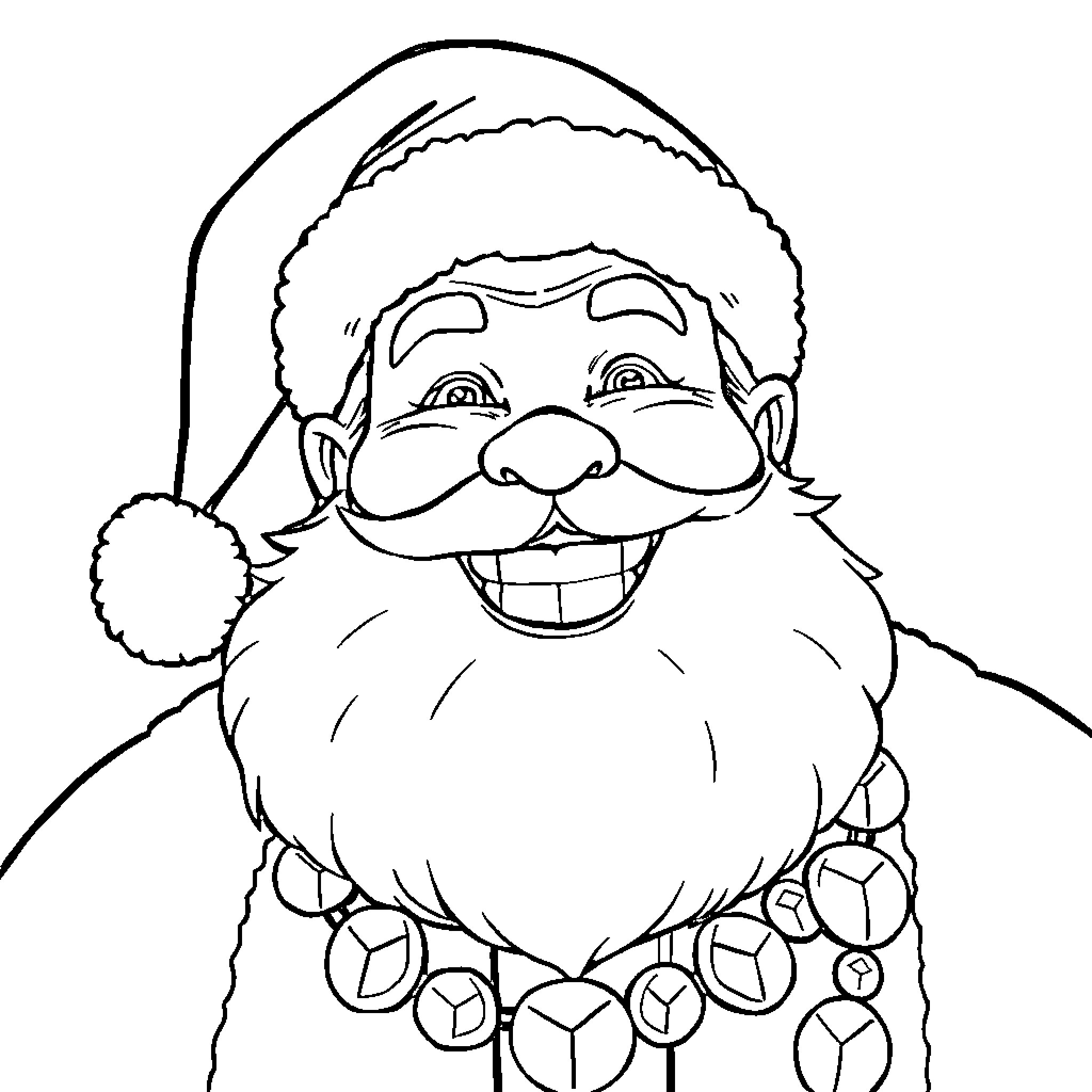 Santa laughing happily in his festive outfit Coloring Page (free black-and-white line drawing printable PDF for all, from beginners to advanced learners, including children, teens, adults, and seniors)