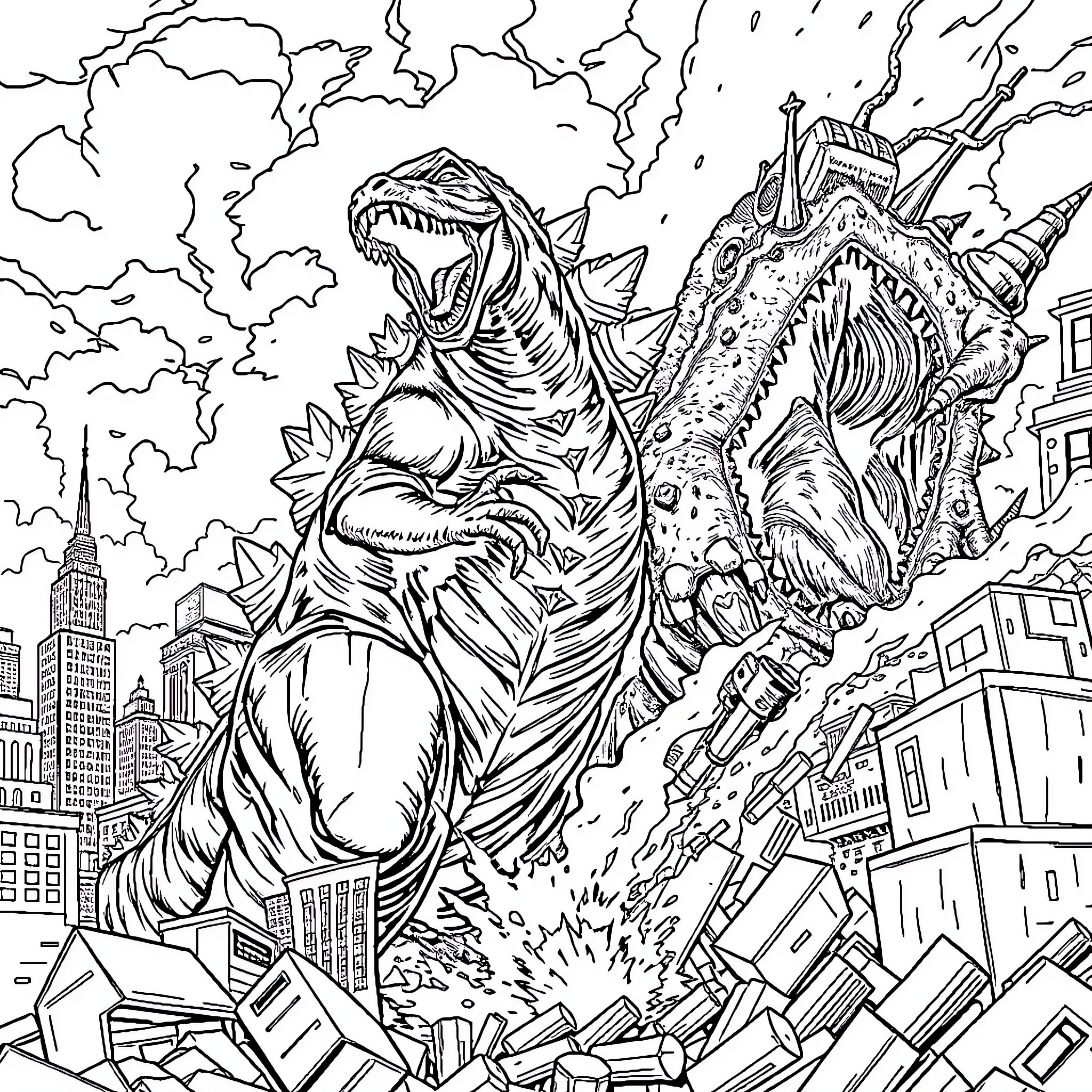 Godzilla rampaging through the city with destruction Coloring Page (free black-and-white line drawing printable PDF for all, from beginners to advanced learners, including children, teens, adults, and seniors)