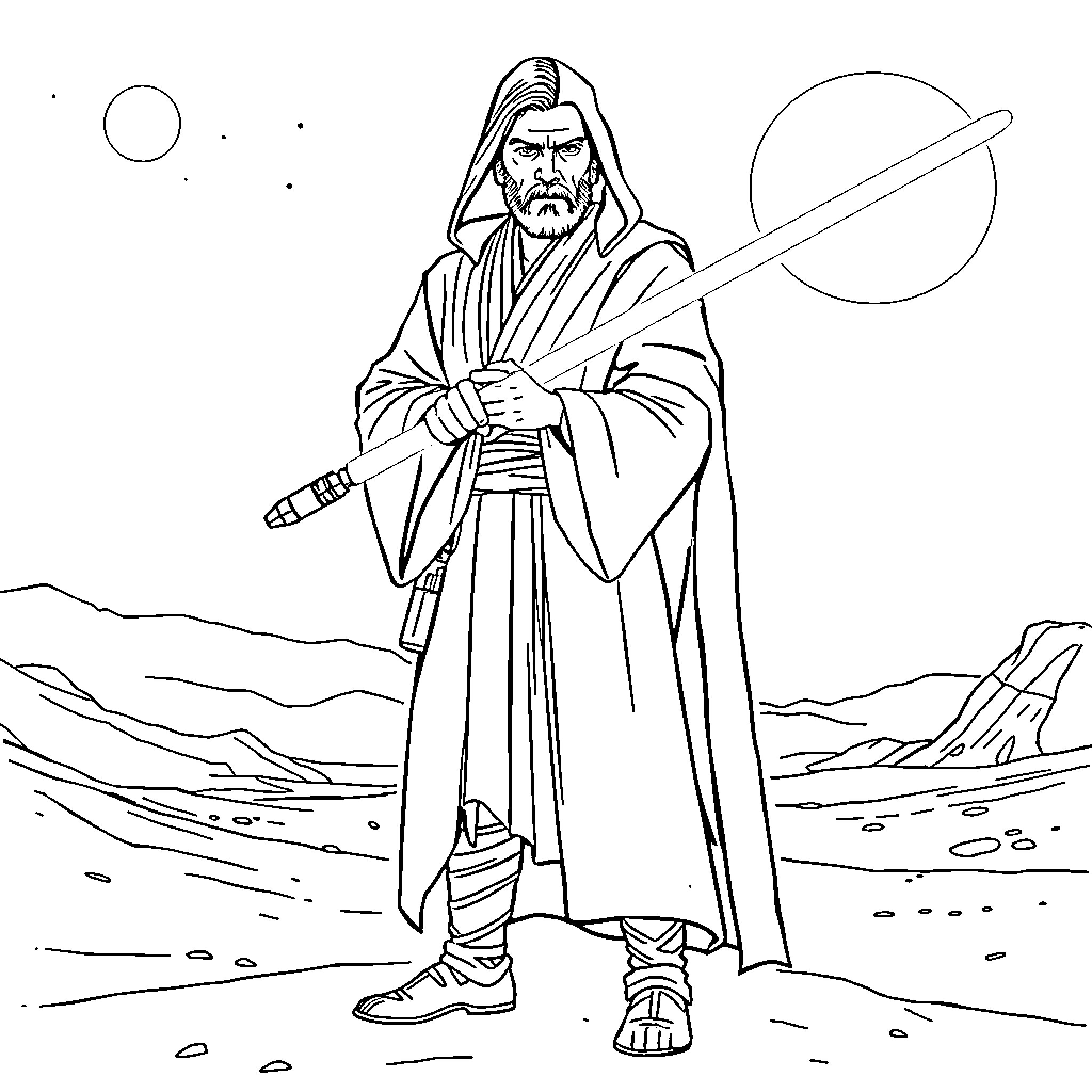 Obi-Wan Kenobi in Contemplative Pose on Desolate Planet Coloring Page (free black-and-white line drawing printable PDF for all, from beginners to advanced learners, including children, teens, adults, and seniors)