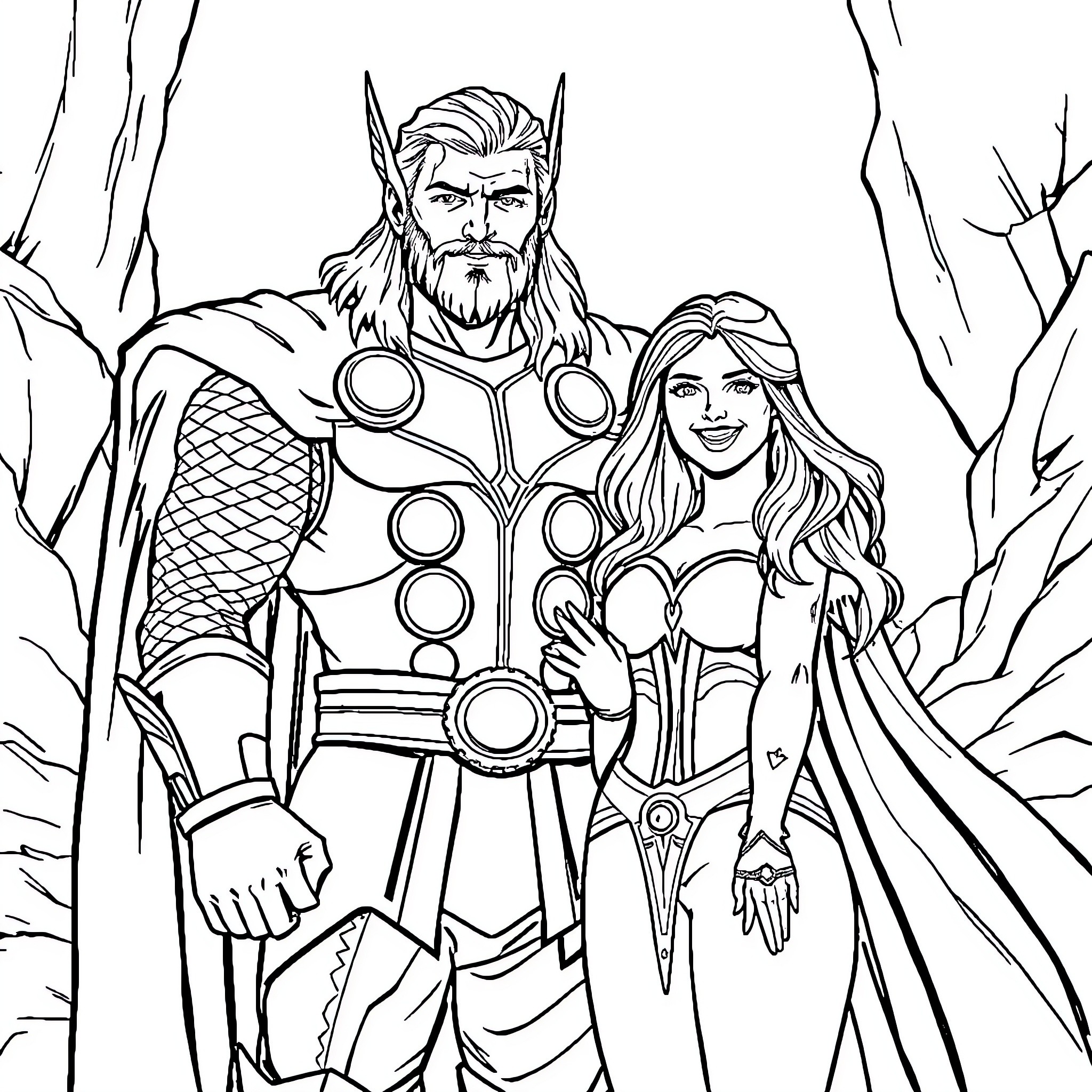 Thor and the Valkyrie Warriors in the Enchanted Forest Coloring Page (free black-and-white line drawing printable PDF for all, from beginners to advanced learners, including children, teens, adults, and seniors)