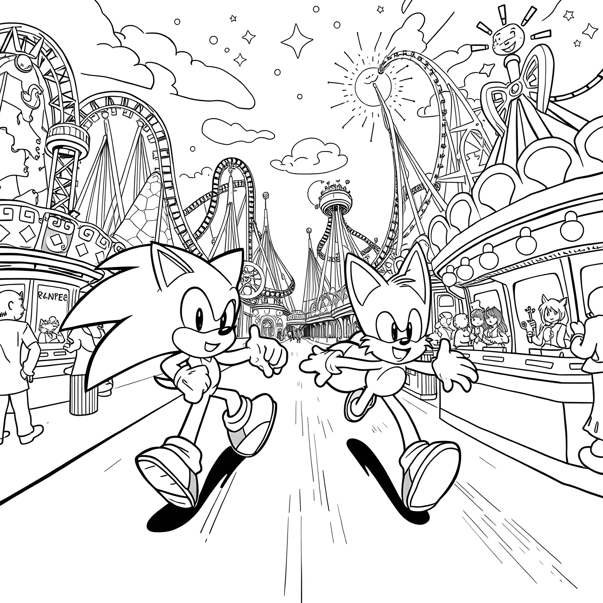 Sonic and Friends Enjoy Amusement Park Adventure Coloring Page (free black-and-white line drawing printable PDF for all, from beginners to advanced learners, including children, teens, adults, and seniors)
