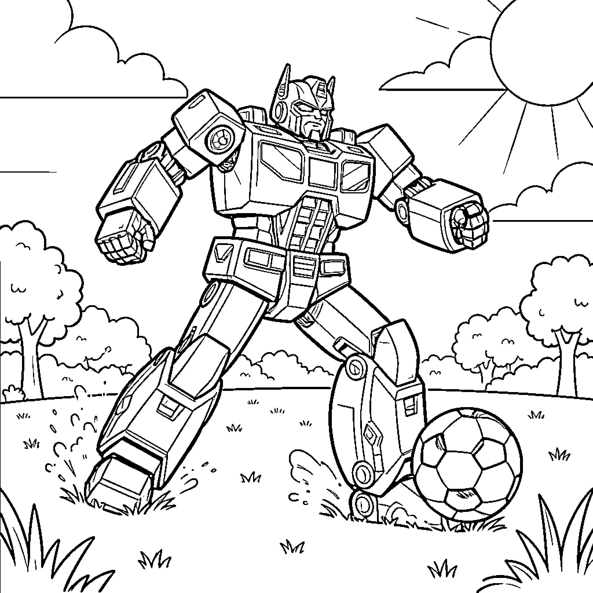Transformer robot playing with a soccer ball outdoors Coloring Page (free black-and-white line drawing printable PDF for all, from beginners to advanced learners, including children, teens, adults, and seniors)
