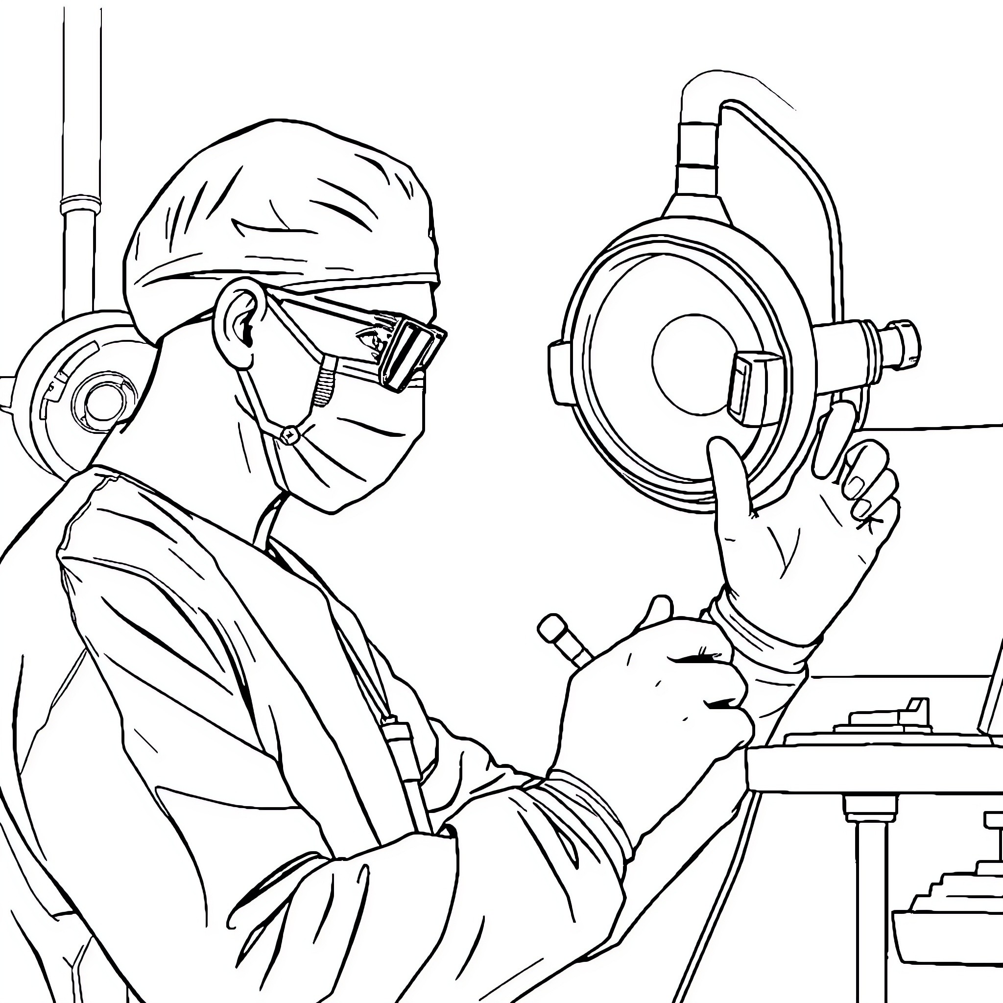 Ophthalmologist examining patient with specialized equipment Coloring Page (free black-and-white line drawing printable PDF for all, from beginners to advanced learners, including children, teens, adults, and seniors)