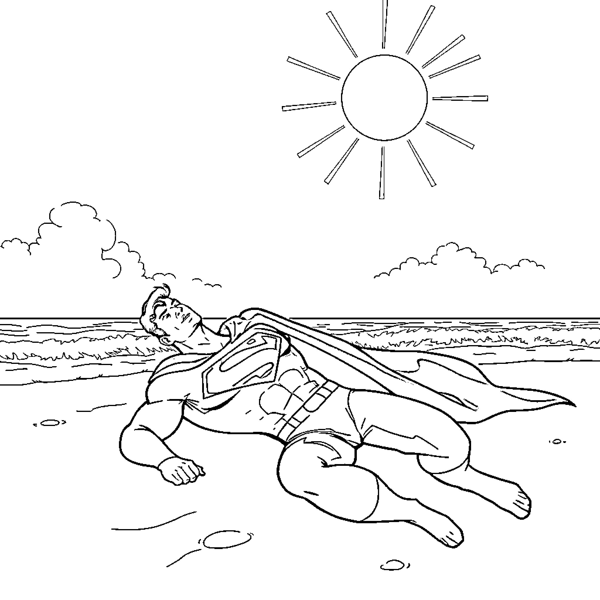 Superman relaxing on the beach under the sun Coloring Page (free black-and-white line drawing printable PDF for all, from beginners to advanced learners, including children, teens, adults, and seniors)