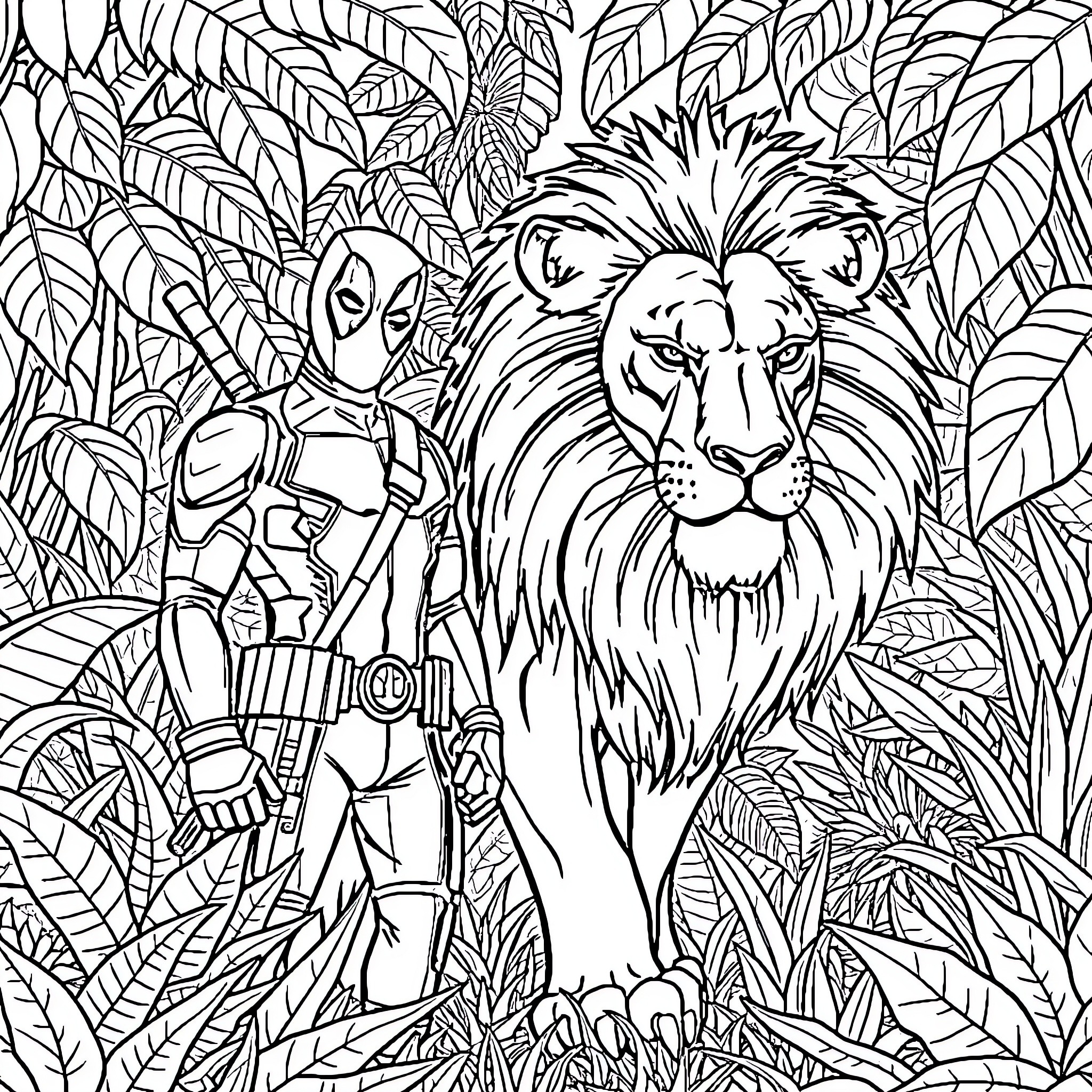 Deadpool Encounters the Mighty Lion in the Jungle Coloring Page (free black-and-white line drawing printable PDF for all, from beginners to advanced learners, including children, teens, adults, and seniors)