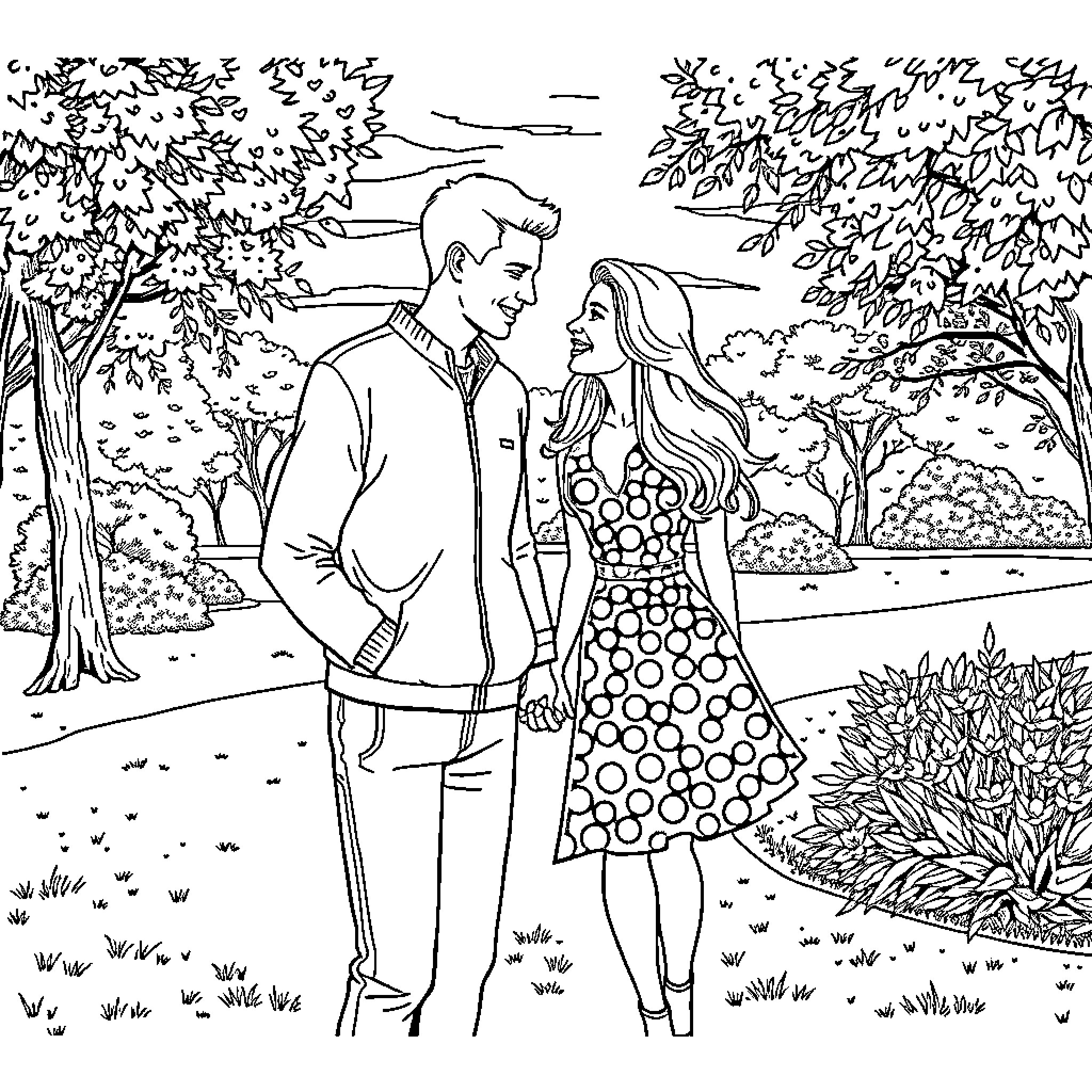 Lovers strolling through a scenic garden Coloring Page (free black-and-white line drawing printable PDF for all, from beginners to advanced learners, including children, teens, adults, and seniors)