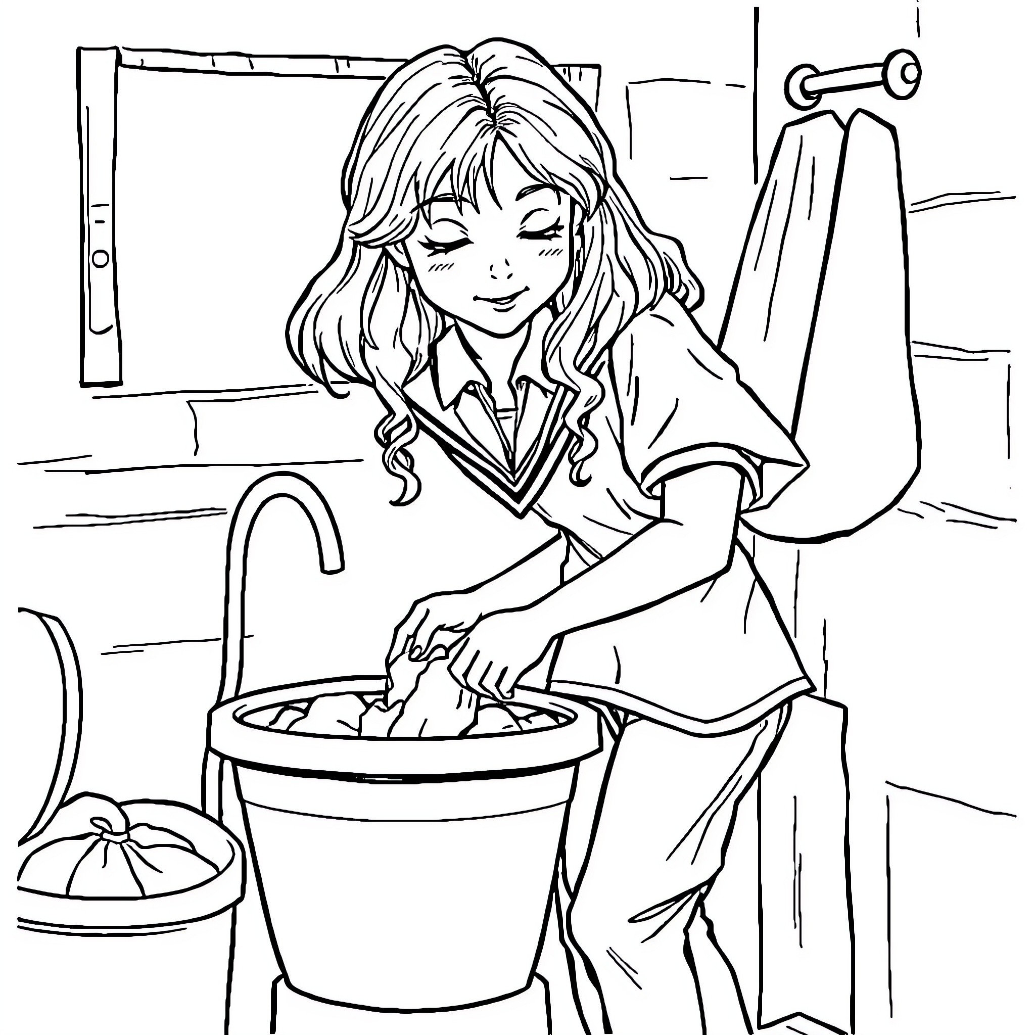 Hermione Granger doing chores in Hogwarts common room Coloring Page (free black-and-white line drawing printable PDF for all, from beginners to advanced learners, including children, teens, adults, and seniors)