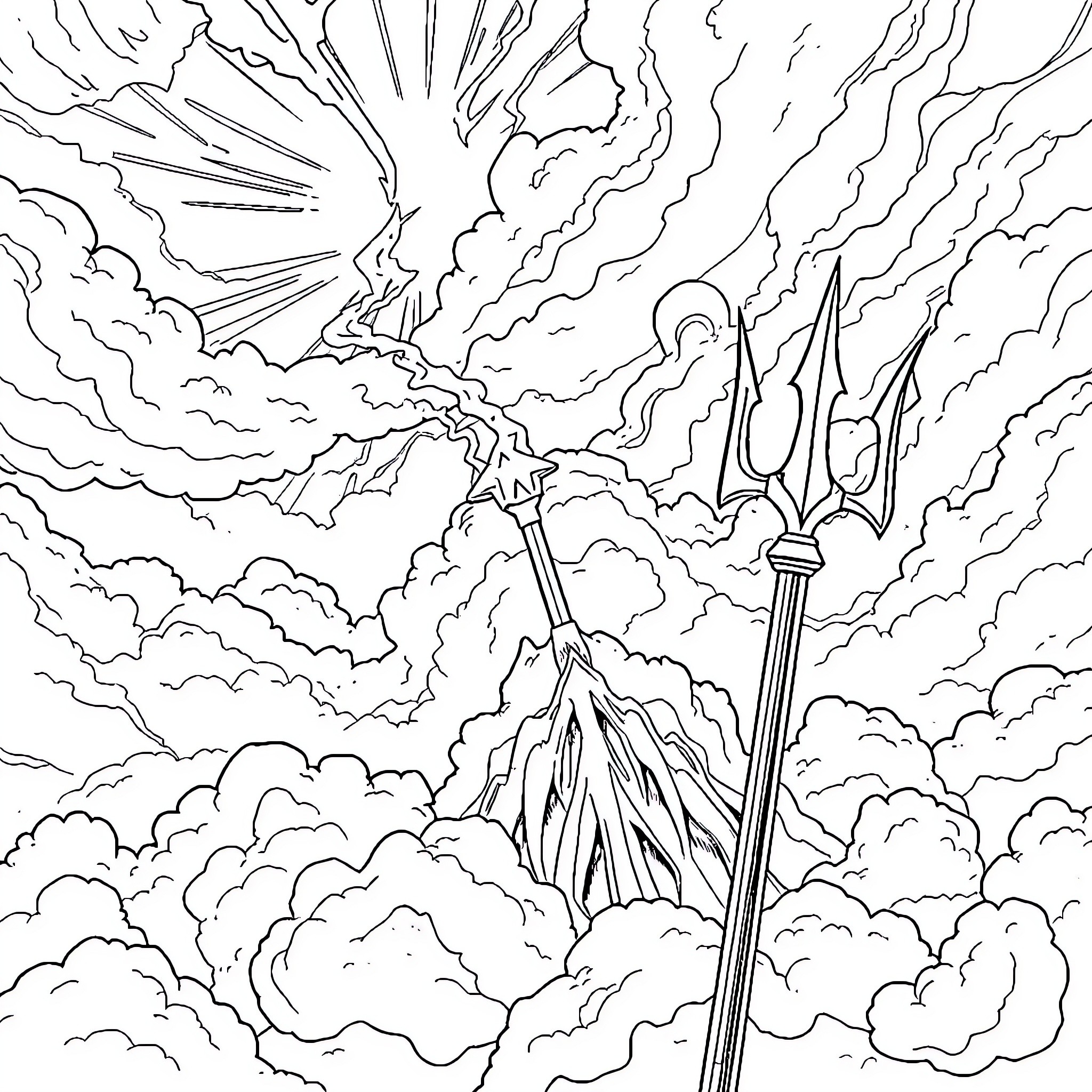 Trident of Power Piercing Through Stormy Skies Coloring Page (free black-and-white line drawing printable PDF for all, from beginners to advanced learners, including children, teens, adults, and seniors)