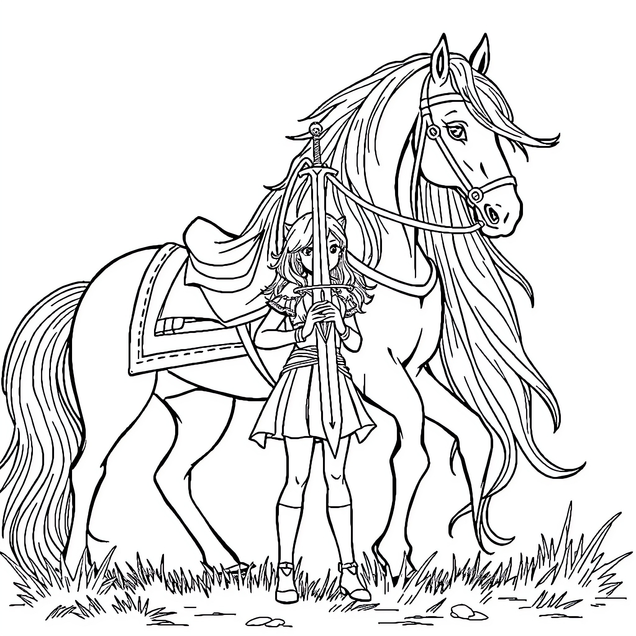 Horse-drawn Carriage with Rider in Outdoors Coloring Page (free black-and-white line drawing printable PDF for all, from beginners to advanced learners, including children, teens, adults, and seniors)