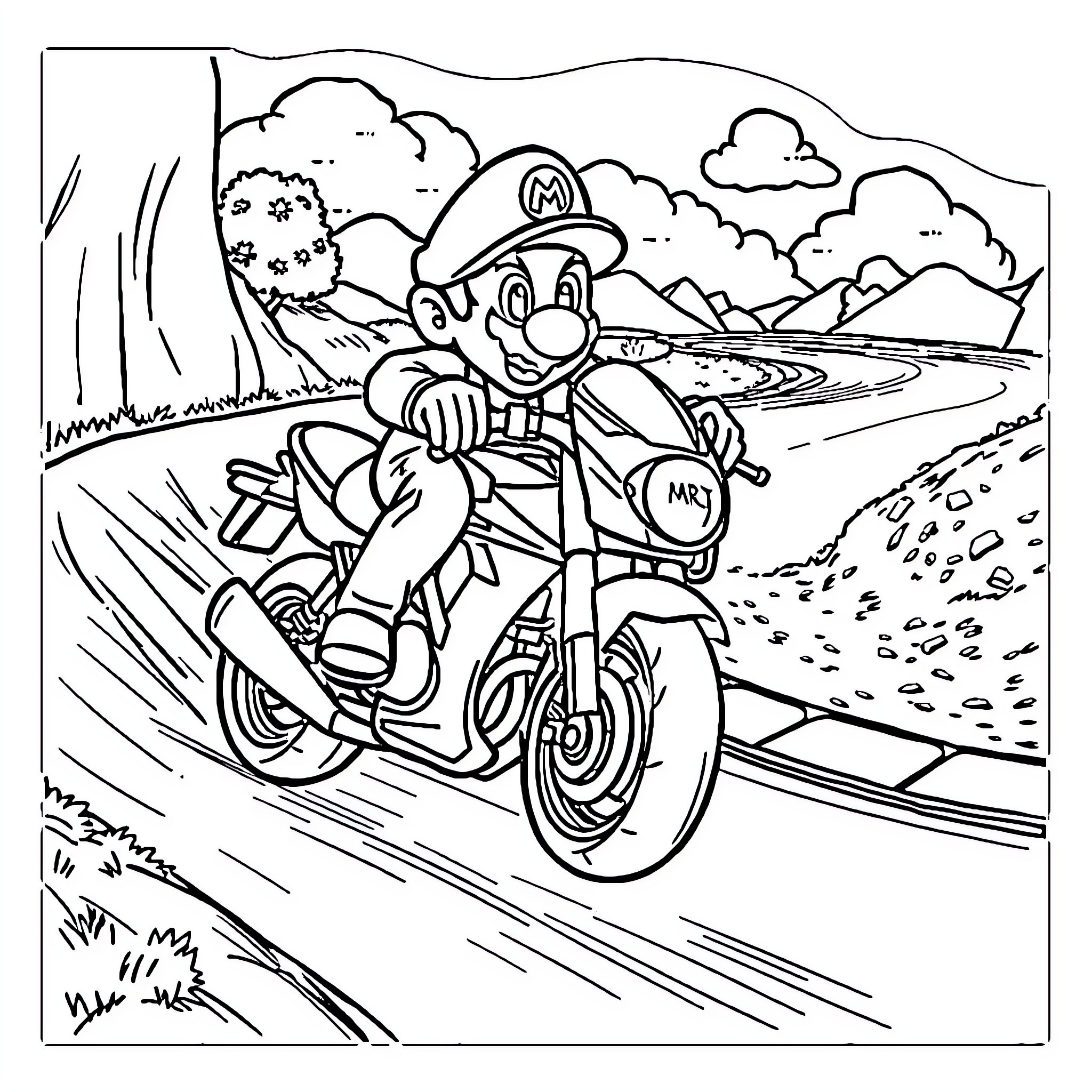 Mario riding a motorcycle on a winding road Coloring Page (free black-and-white line drawing printable PDF for all, from beginners to advanced learners, including children, teens, adults, and seniors)