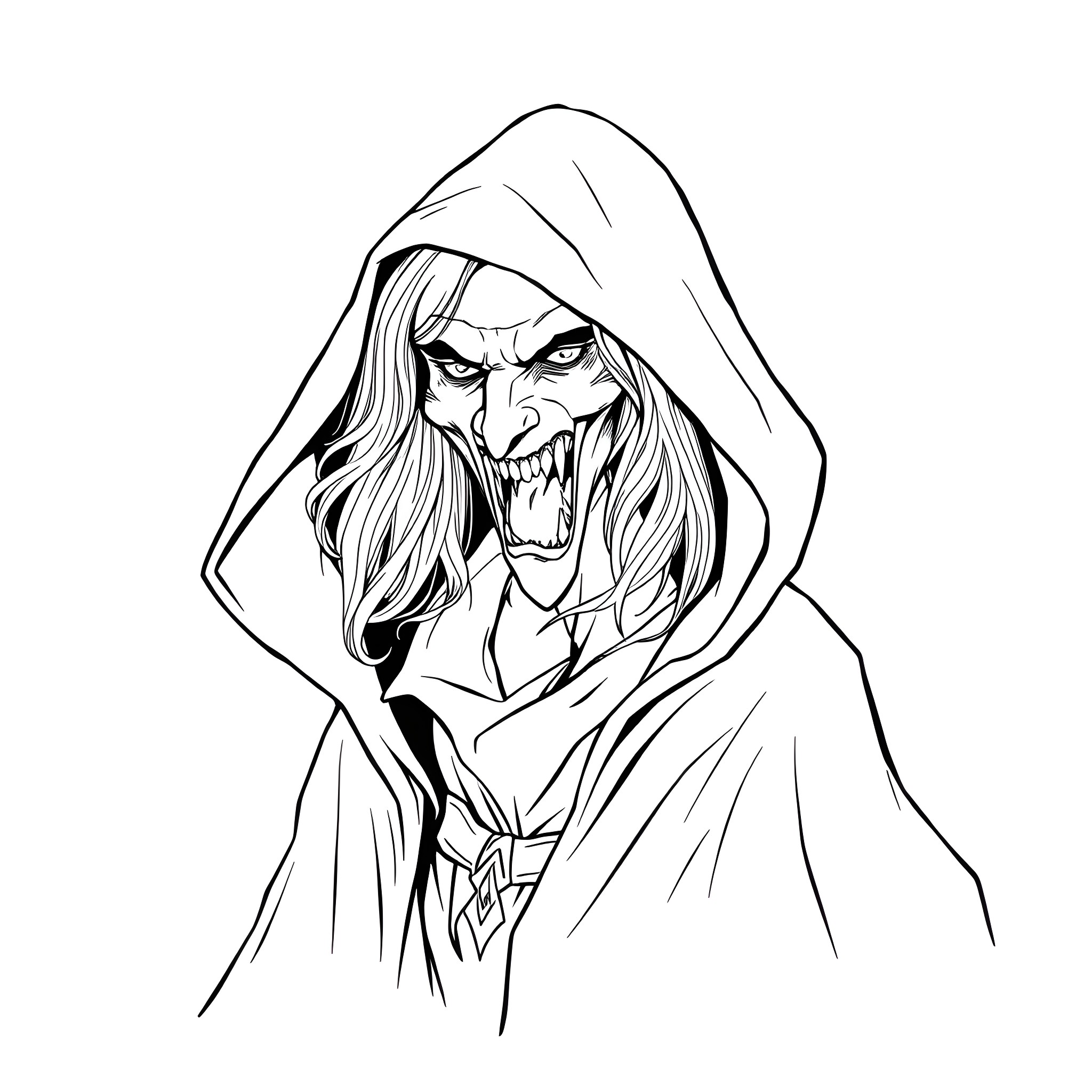 Vampire with Ferocious Expression in Hooded Cloak Coloring Page (free black-and-white line drawing printable PDF for all, from beginners to advanced learners, including children, teens, adults, and seniors)