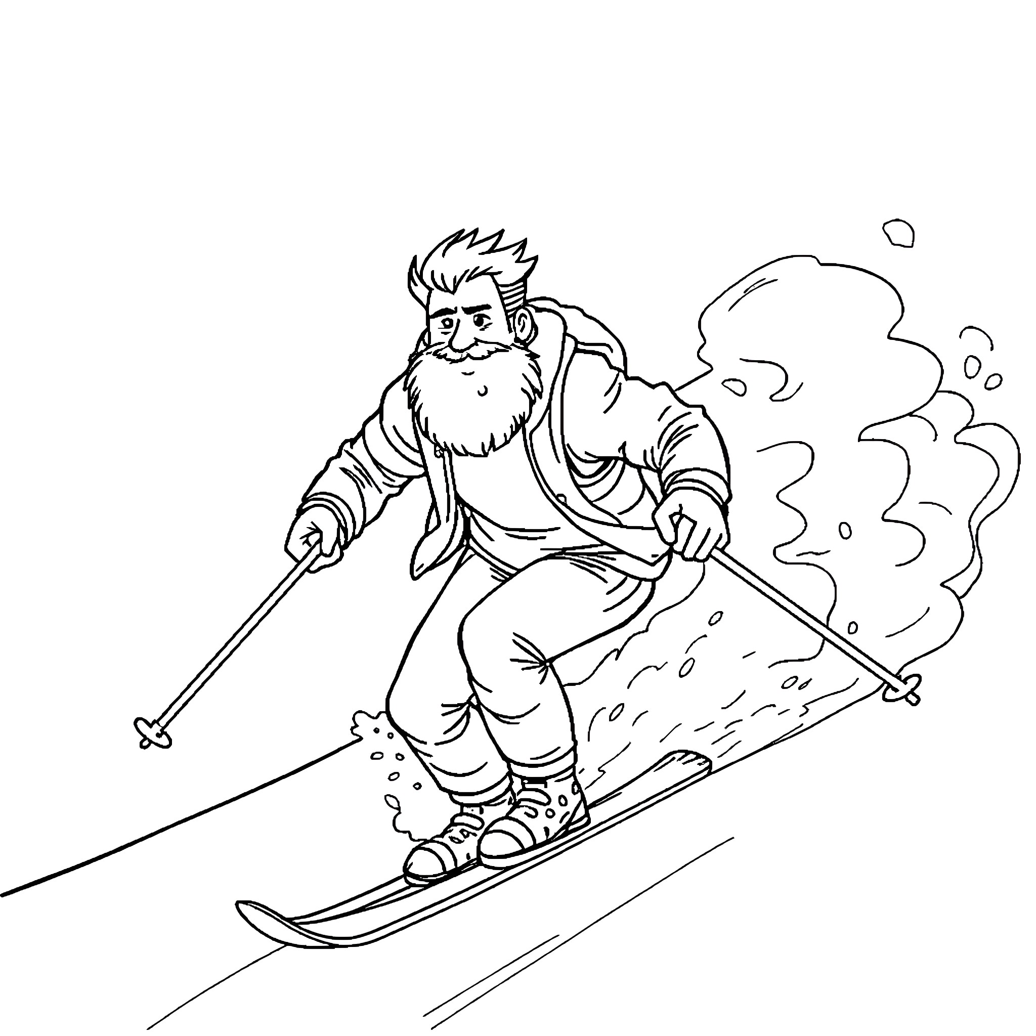 Man skiing down a snowy slope Coloring Page (free black-and-white line drawing printable PDF for all, from beginners to advanced learners, including children, teens, adults, and seniors)