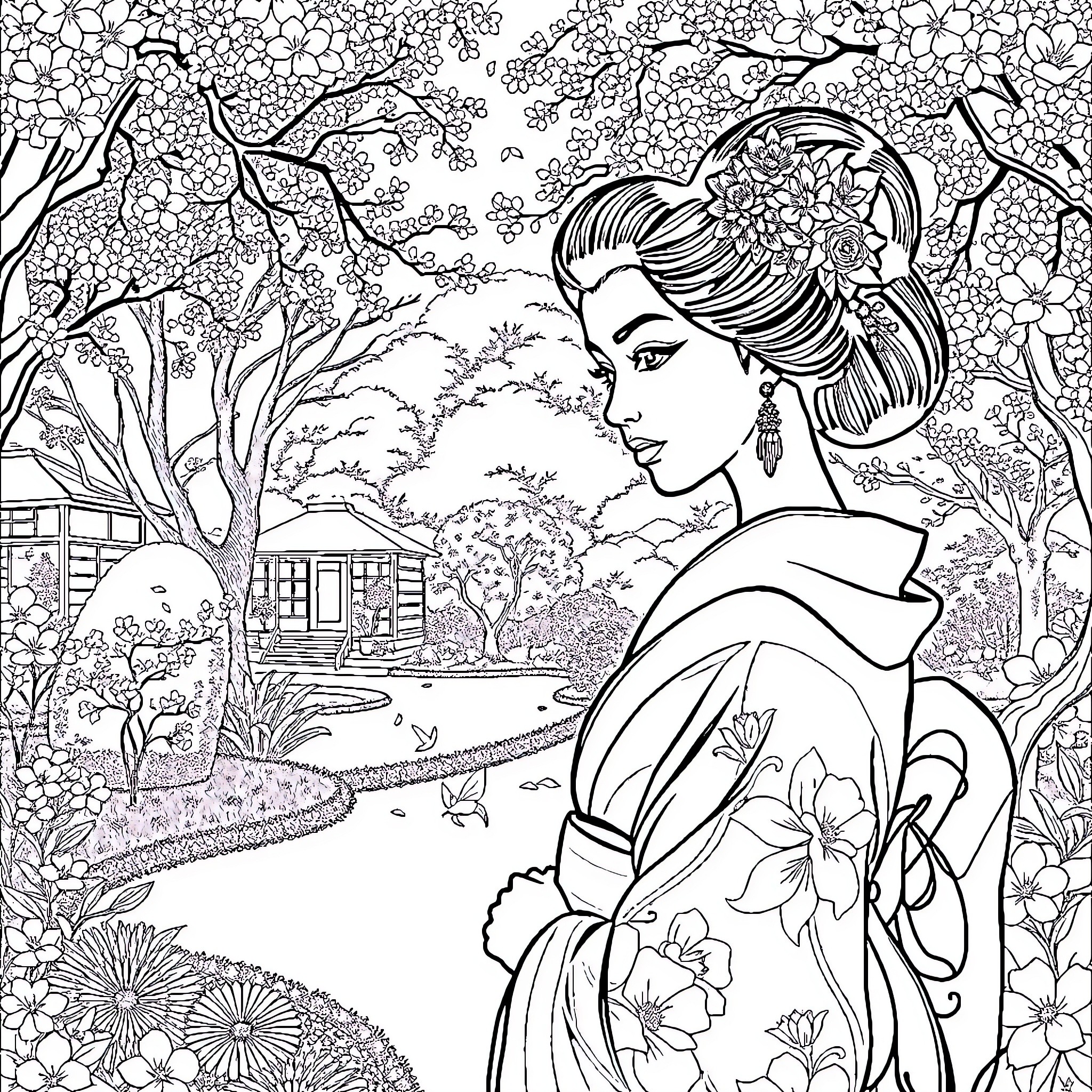 Geisha in a Blossoming Garden Scene Coloring Page (free black-and-white line drawing printable PDF for all, from beginners to advanced learners, including children, teens, adults, and seniors)