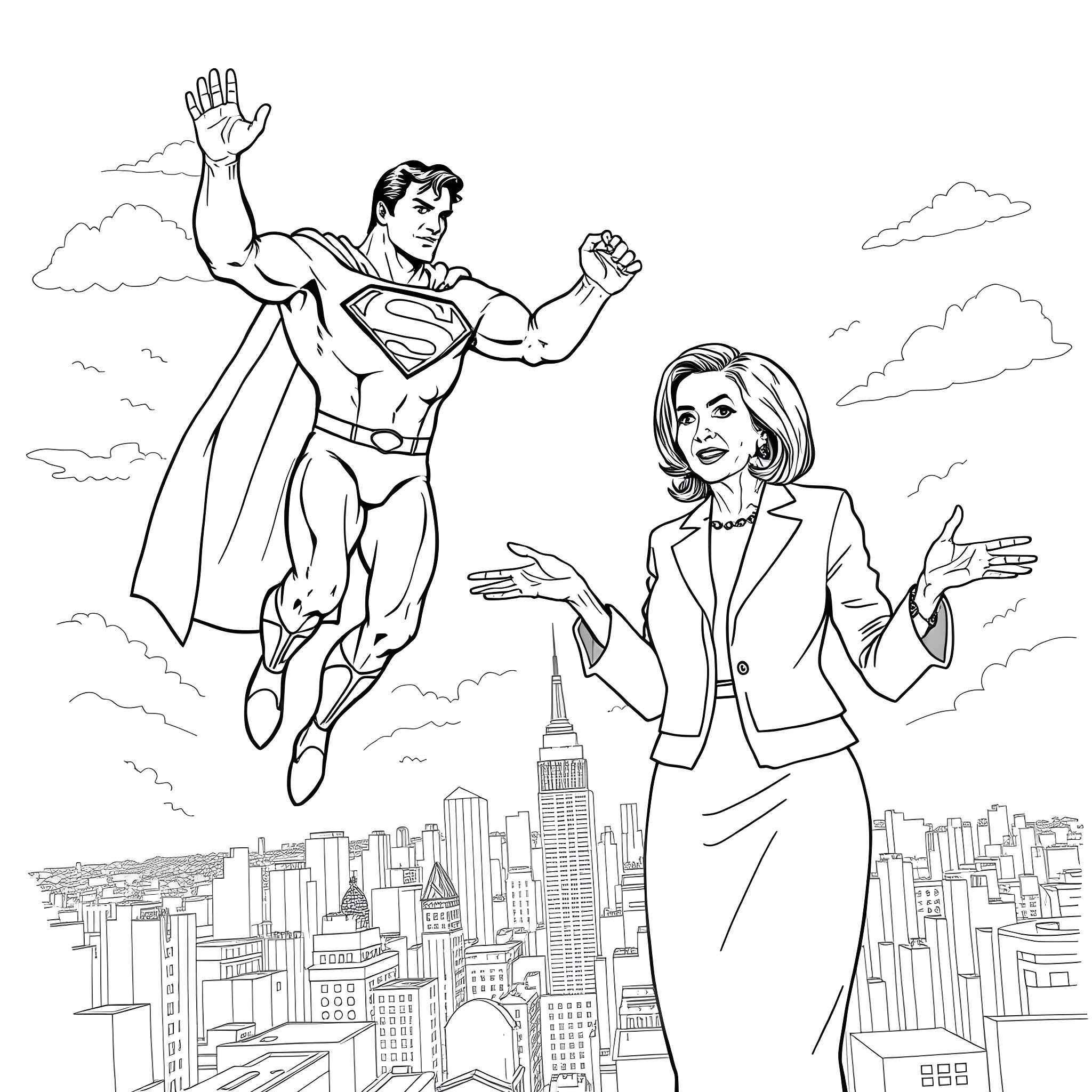 Superman Heroically Flying Above the City with a Politician Coloring Page (free black-and-white line drawing printable PDF for all, from beginners to advanced learners, including children, teens, adults, and seniors)