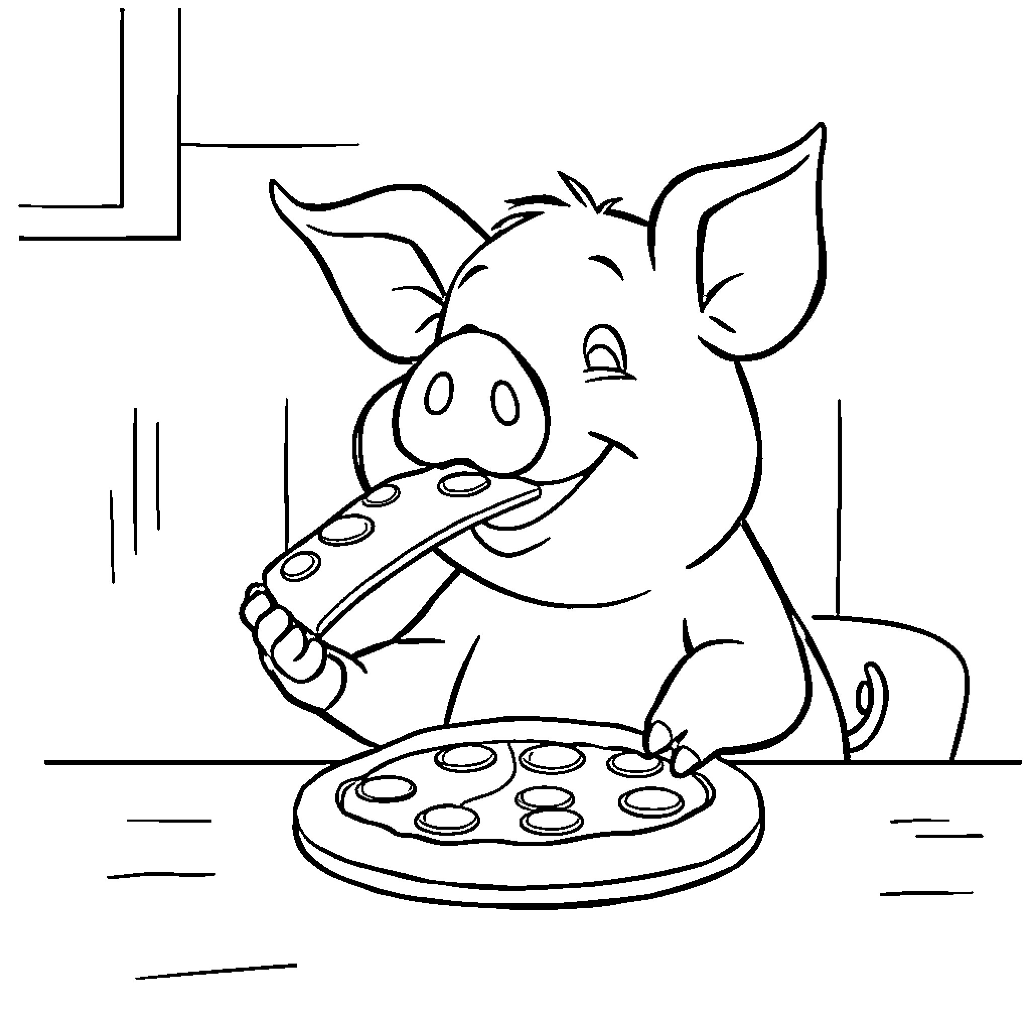 Pig enjoying a tasty meal Coloring Page (free black-and-white line drawing printable PDF for all, from beginners to advanced learners, including children, teens, adults, and seniors)