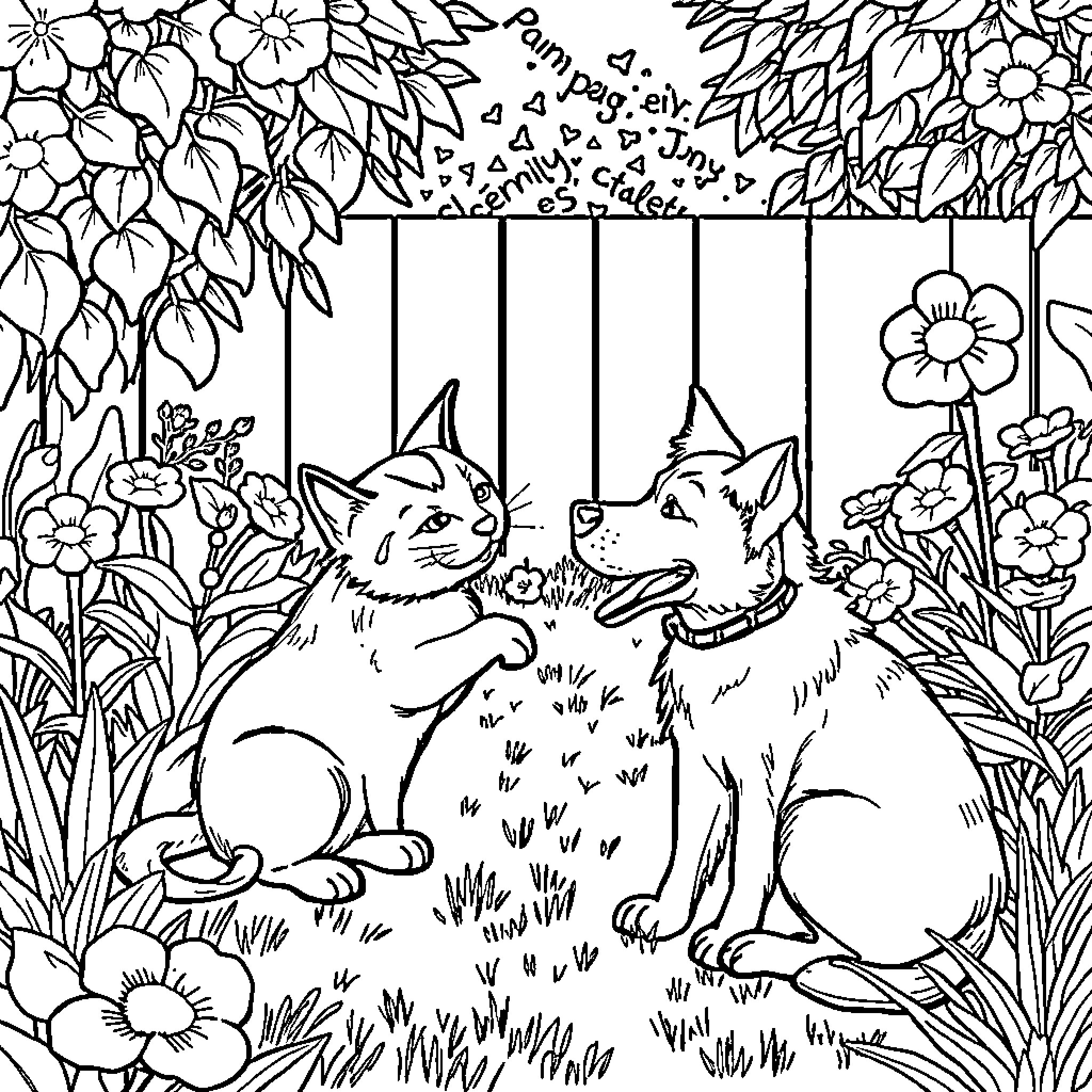 Cats playing in a floral garden Coloring Page (free black-and-white line drawing printable PDF for all, from beginners to advanced learners, including children, teens, adults, and seniors)