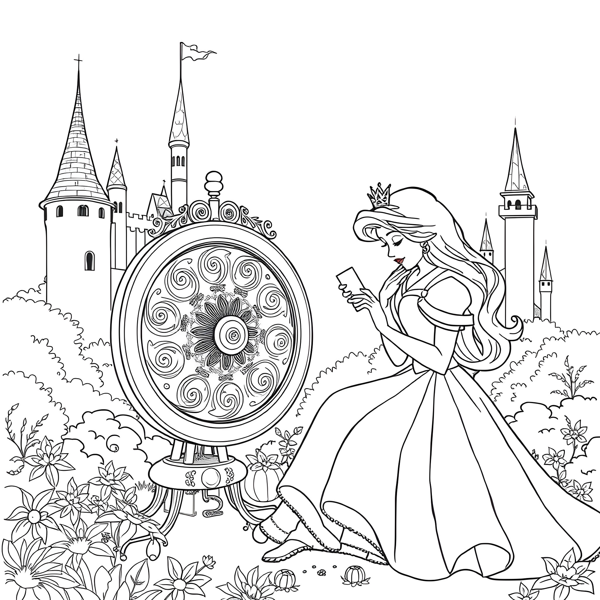 Sleeping Beauty admiring a magical mirror in a enchanted garden Coloring Page (free black-and-white line drawing printable PDF for all, from beginners to advanced learners, including children, teens, adults, and seniors)