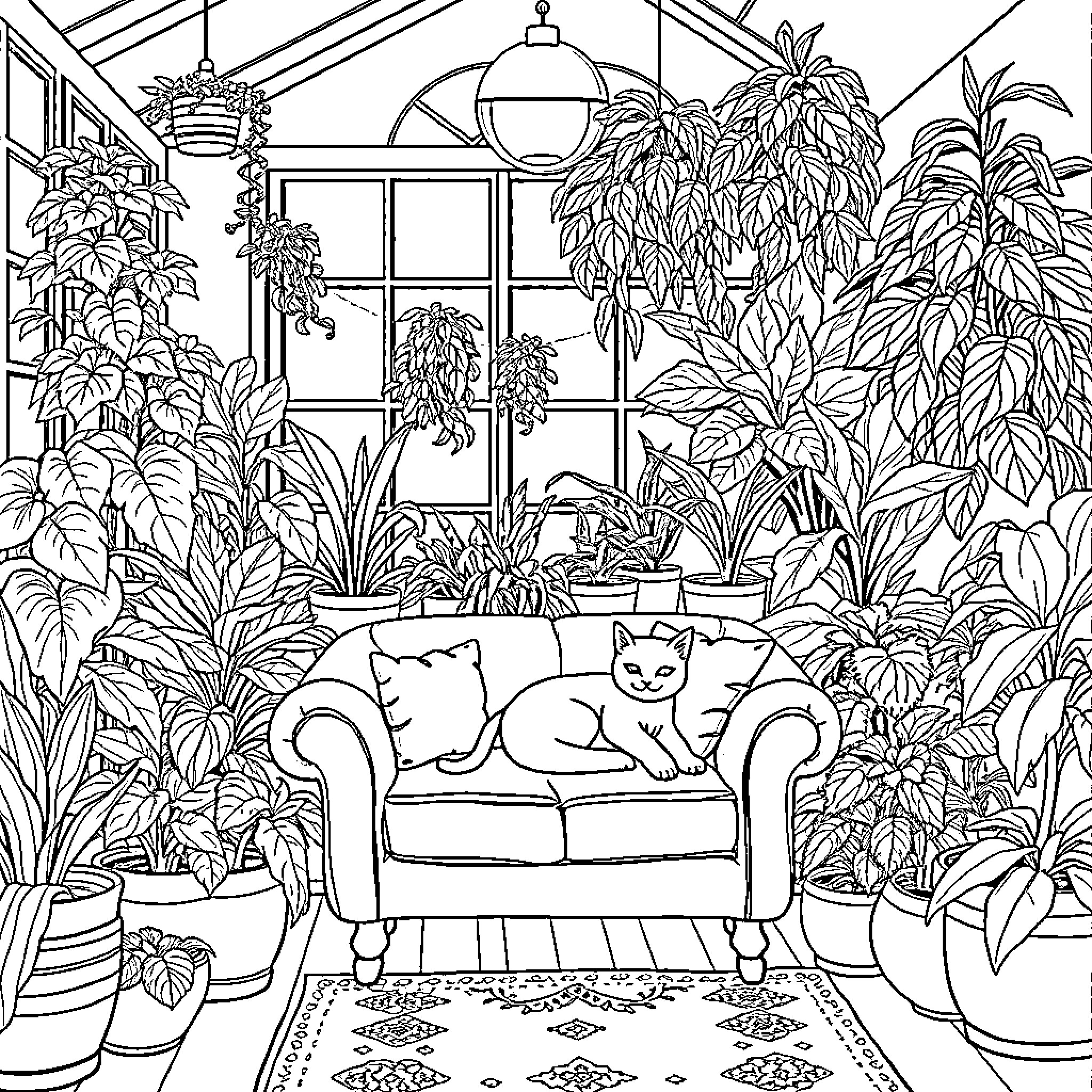 Cat relaxing on cozy sofa in lush indoor garden Coloring Page (free black-and-white line drawing printable PDF for all, from beginners to advanced learners, including children, teens, adults, and seniors)