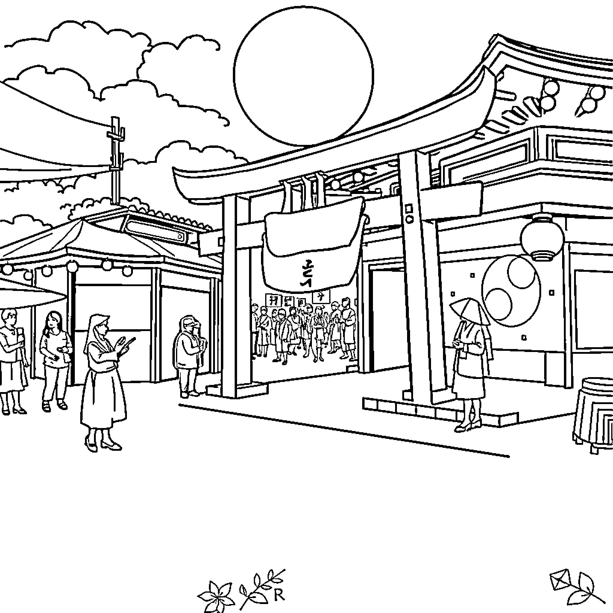 Event at Traditional Japanese Temple Coloring Page (free black-and-white line drawing printable PDF for all, from beginners to advanced learners, including children, teens, adults, and seniors)
