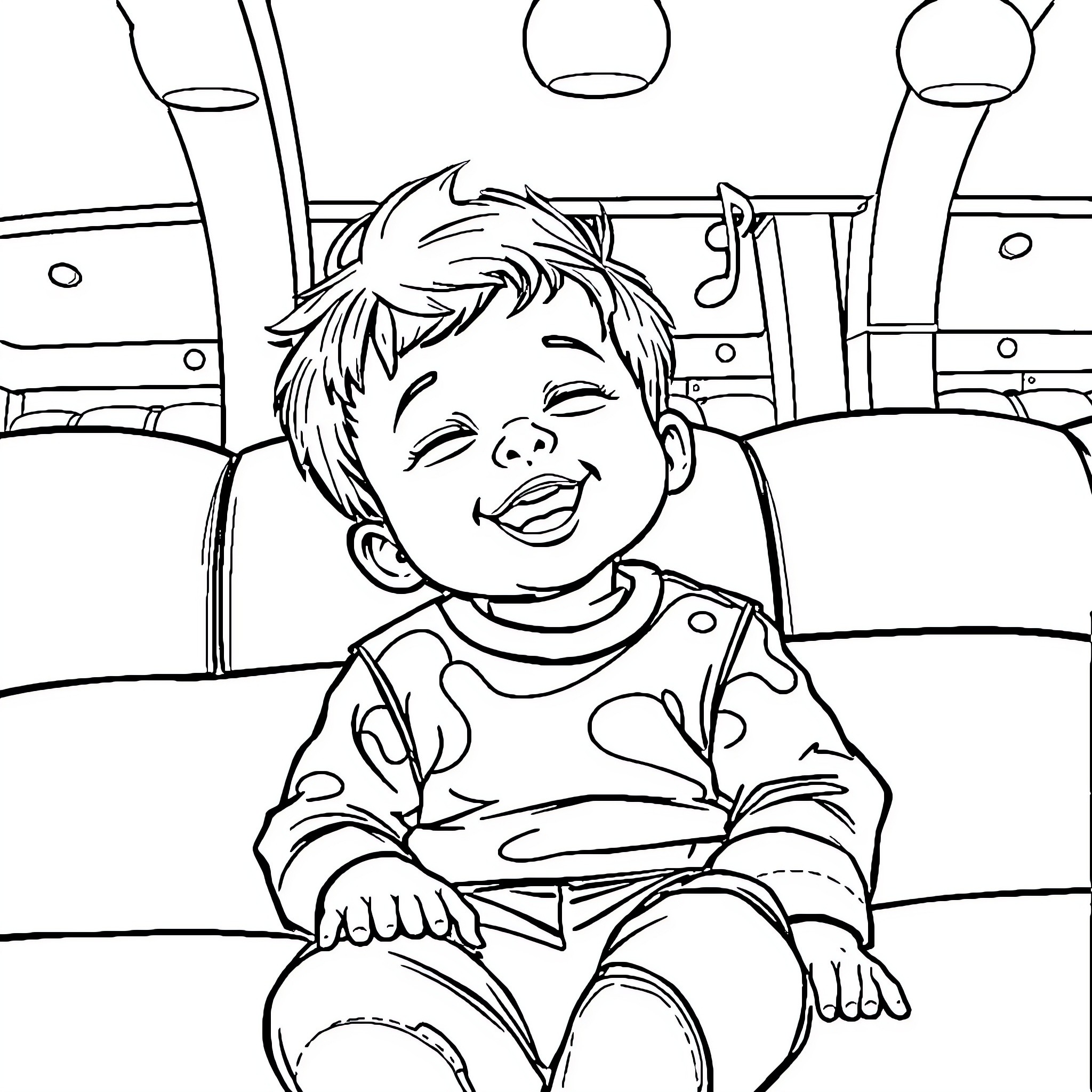 Boy happily playing with toys on the bus Coloring Page (free black-and-white line drawing printable PDF for all, from beginners to advanced learners, including children, teens, adults, and seniors)