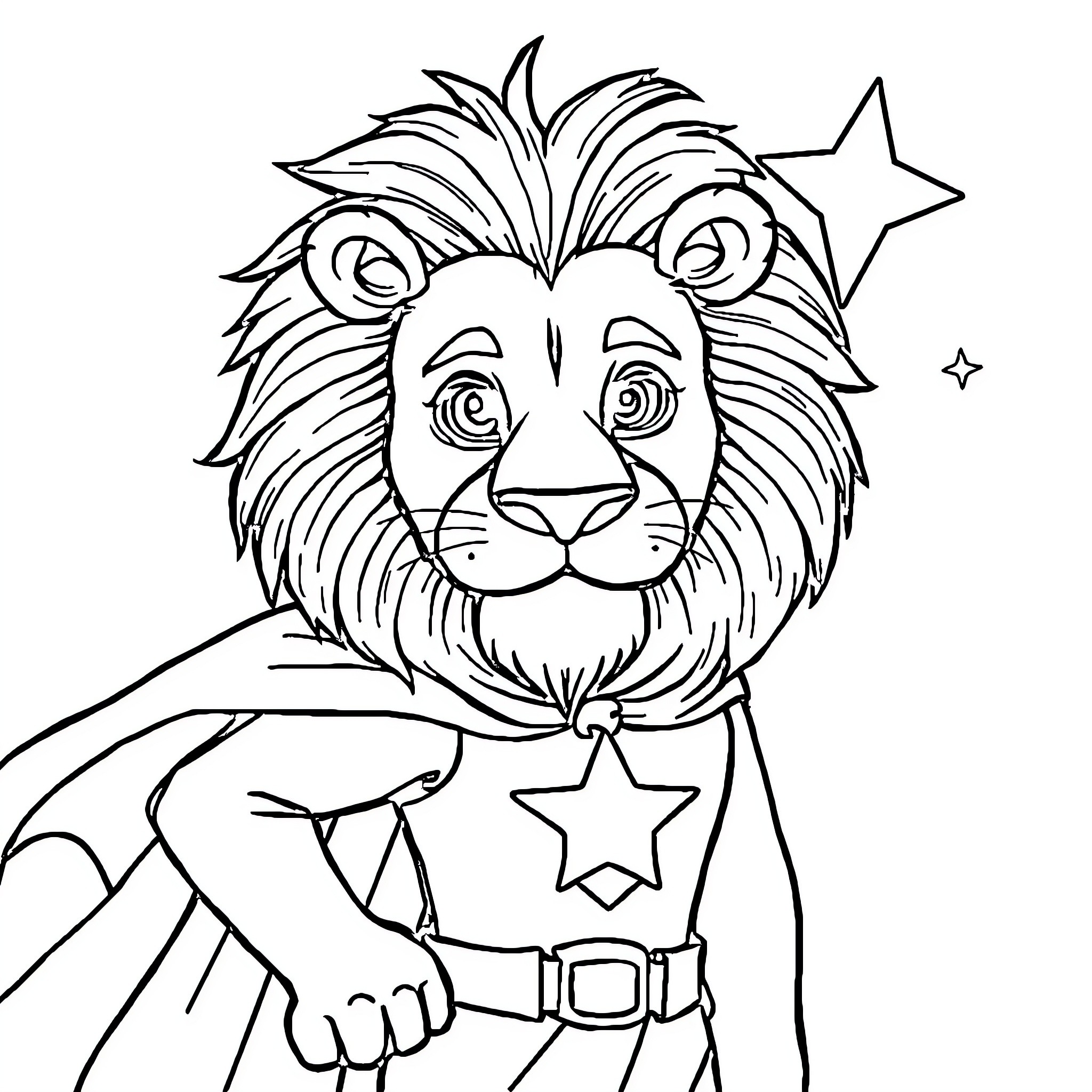 Lion with Superhero Costume and Stars Coloring Page (free black-and-white line drawing printable PDF for all, from beginners to advanced learners, including children, teens, adults, and seniors)