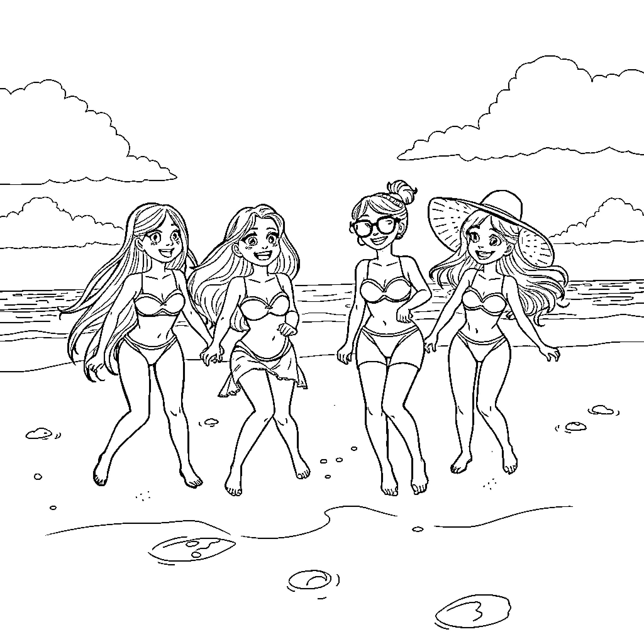 Girls enjoying a beach day in their swimsuits Coloring Page (free black-and-white line drawing printable PDF for all, from beginners to advanced learners, including children, teens, adults, and seniors)