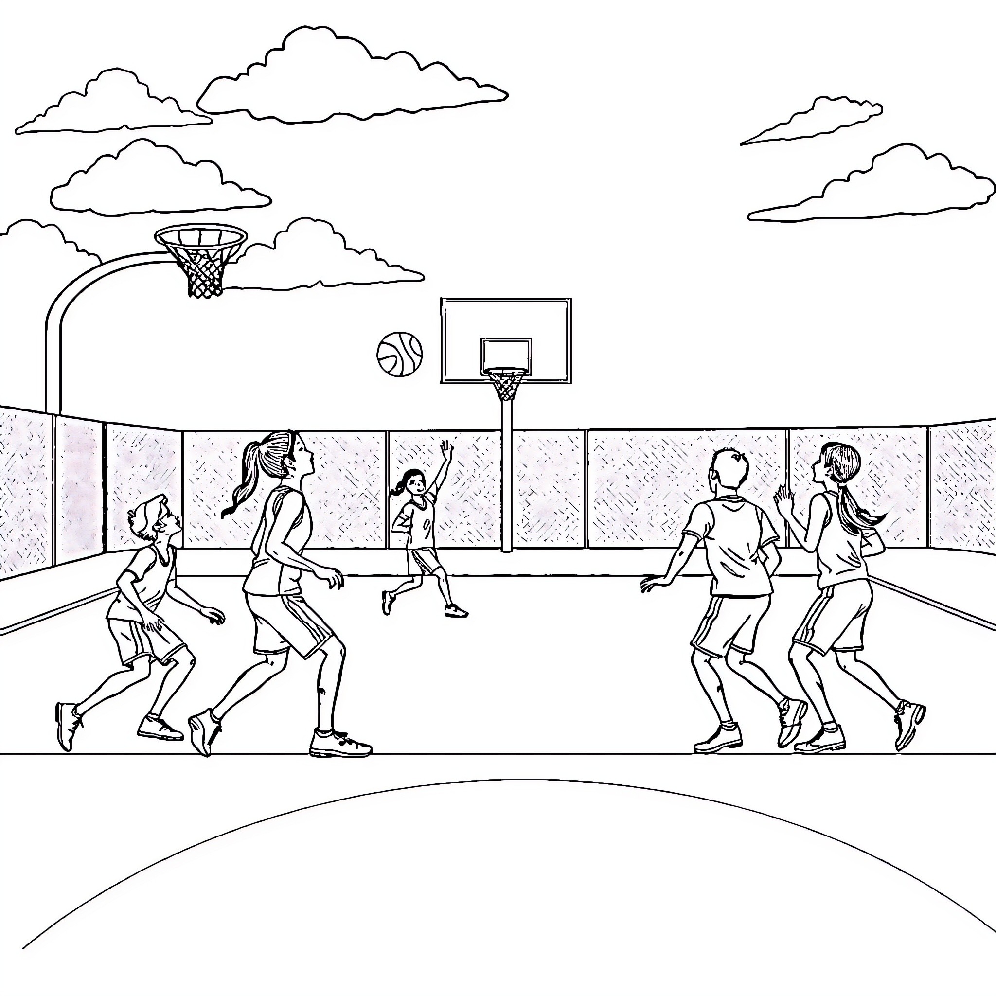 Basketball game with players on an outdoor court Coloring Page (free black-and-white line drawing printable PDF for all, from beginners to advanced learners, including children, teens, adults, and seniors)