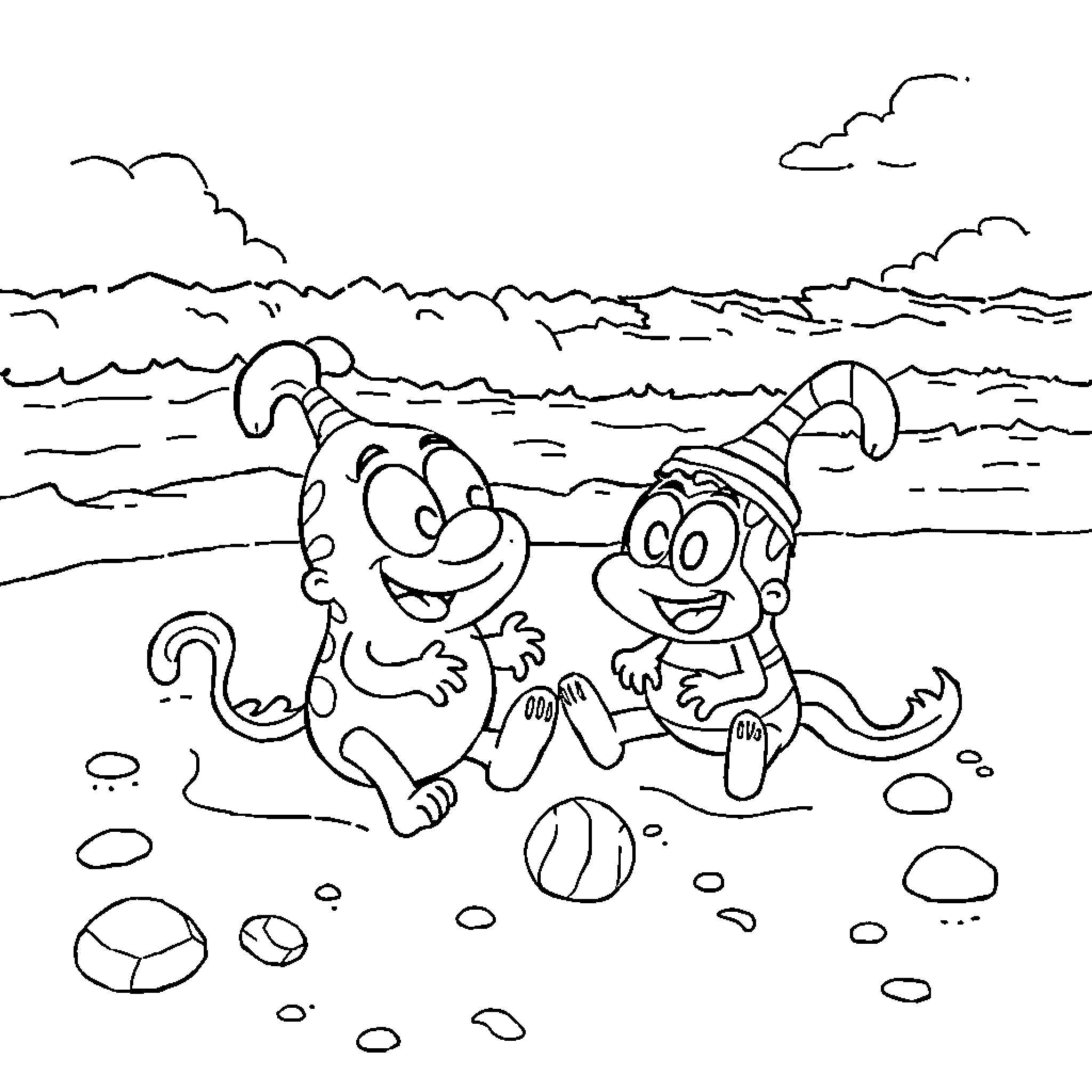 Goob characters playing on the beach Coloring Page (free black-and-white line drawing printable PDF for all, from beginners to advanced learners, including children, teens, adults, and seniors)