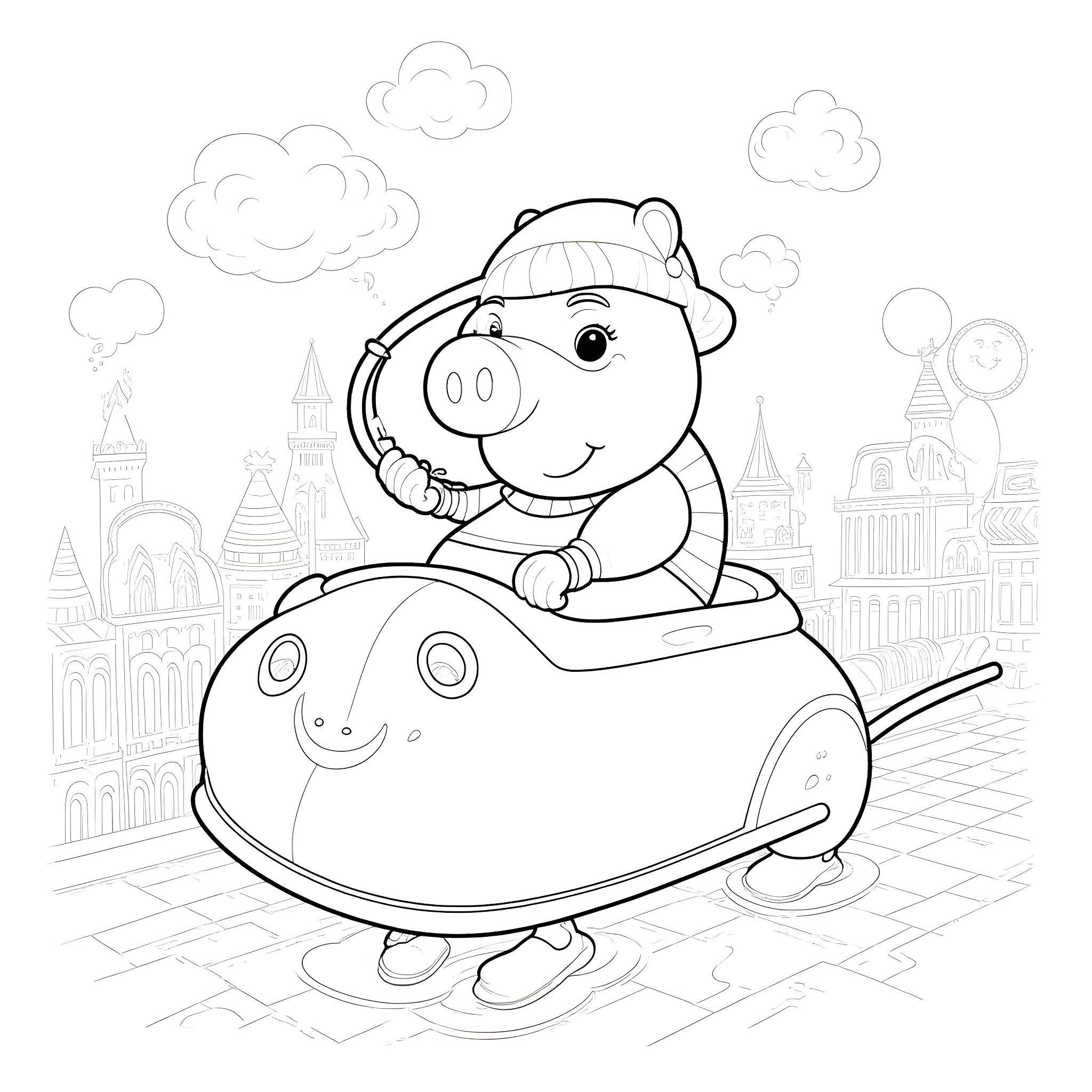 Pepper Pig riding a vehicle through the city Coloring Page (free black-and-white line drawing printable PDF for all, from beginners to advanced learners, including children, teens, adults, and seniors)