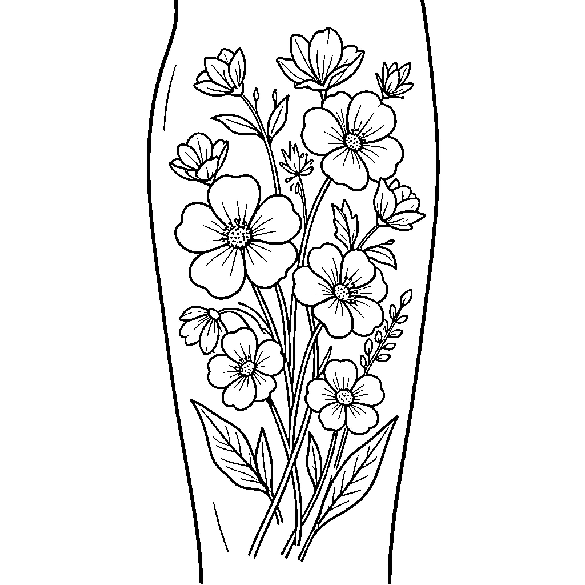 Wildflower bouquet in black and white Coloring Page (free black-and-white line drawing printable PDF for all, from beginners to advanced learners, including children, teens, adults, and seniors)