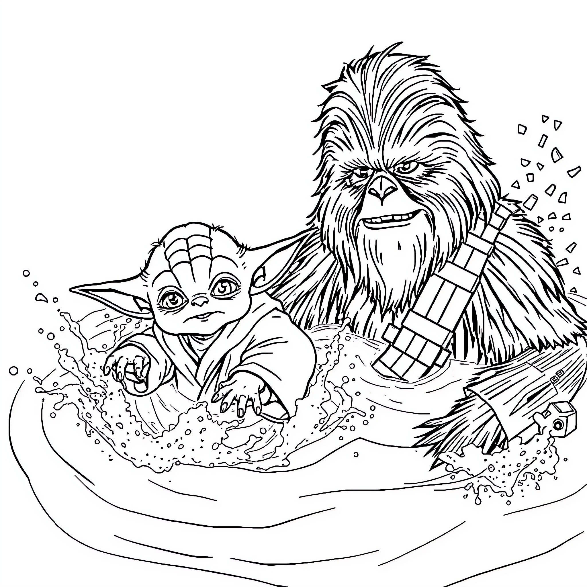 Yoda and Chewbacca enjoying a relaxing bath Coloring Page (free black-and-white line drawing printable PDF for all, from beginners to advanced learners, including children, teens, adults, and seniors)