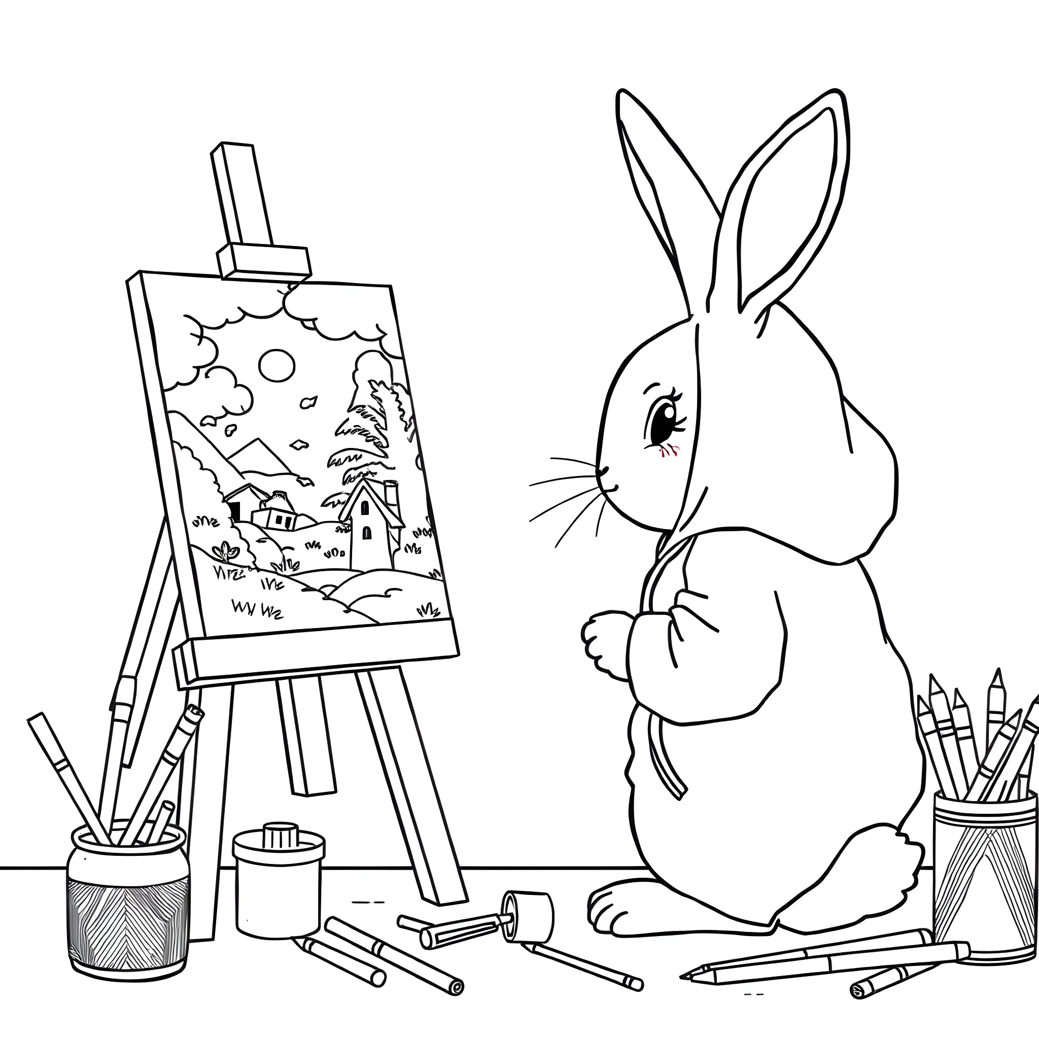 Bunny painting a landscape on an easel Coloring Page (free black-and-white line drawing printable PDF for all, from beginners to advanced learners, including children, teens, adults, and seniors)