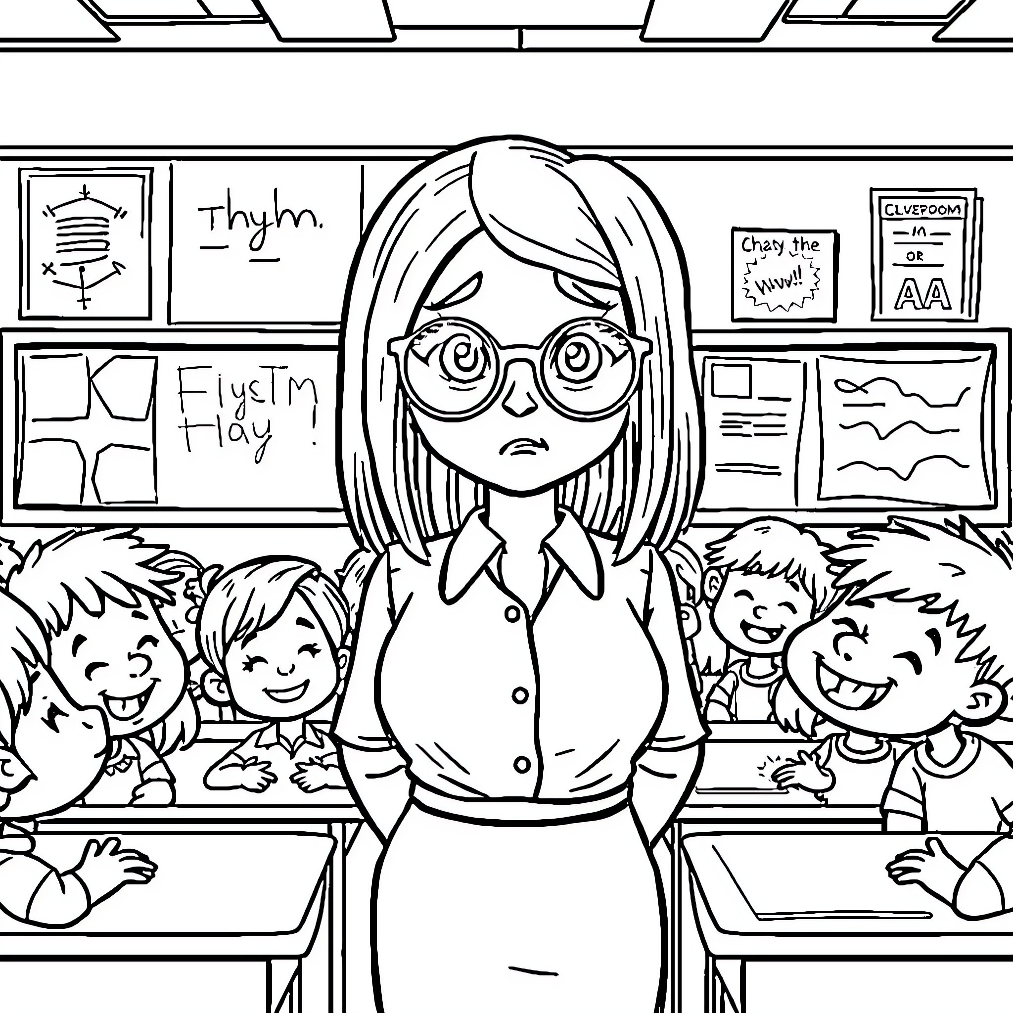 Teacher disciplining students in the classroom Coloring Page (free black-and-white line drawing printable PDF for all, from beginners to advanced learners, including children, teens, adults, and seniors)