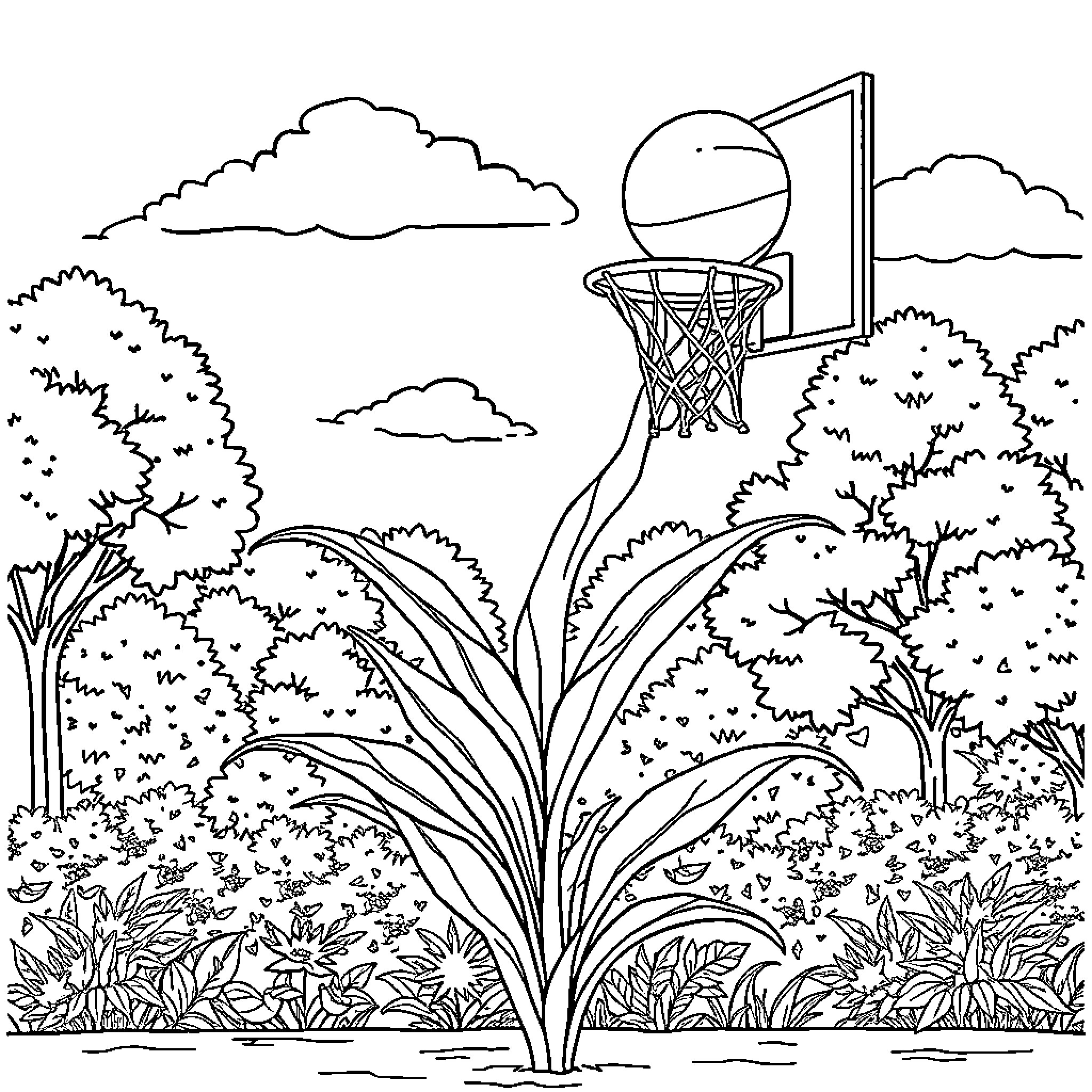 Plant basketball hoop in lush nature setting Coloring Page (free black-and-white line drawing printable PDF for all, from beginners to advanced learners, including children, teens, adults, and seniors)