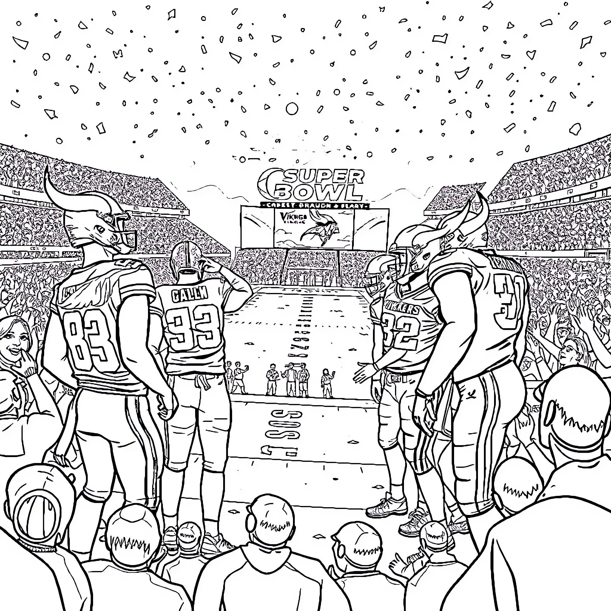 Minnesota Vikings Football Players on the Field Coloring Page (free black-and-white line drawing printable PDF for all, from beginners to advanced learners, including children, teens, adults, and seniors)