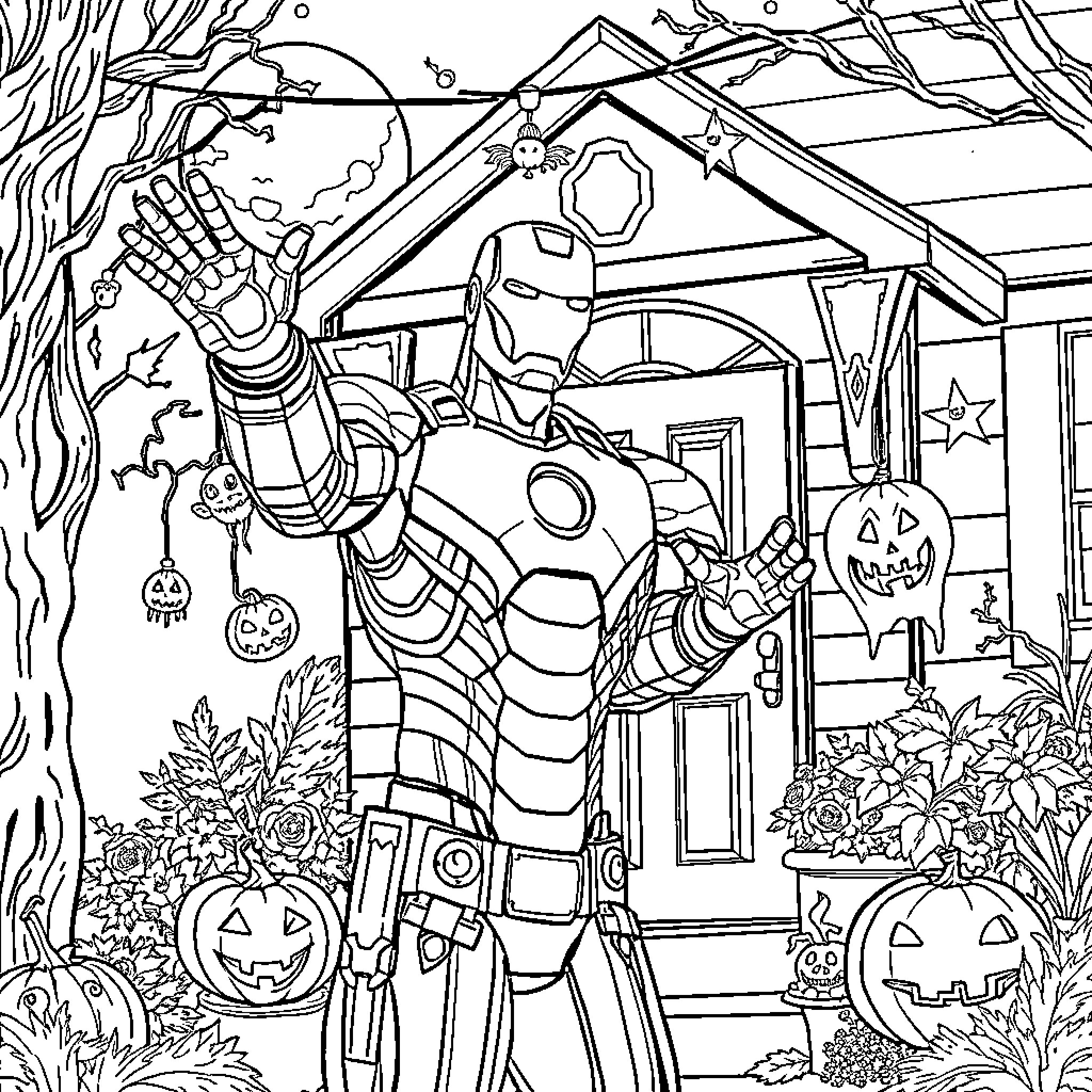 Iron Man Halloween Celebration in Spooky Neighborhood Coloring Page (free black-and-white line drawing printable PDF for all, from beginners to advanced learners, including children, teens, adults, and seniors)