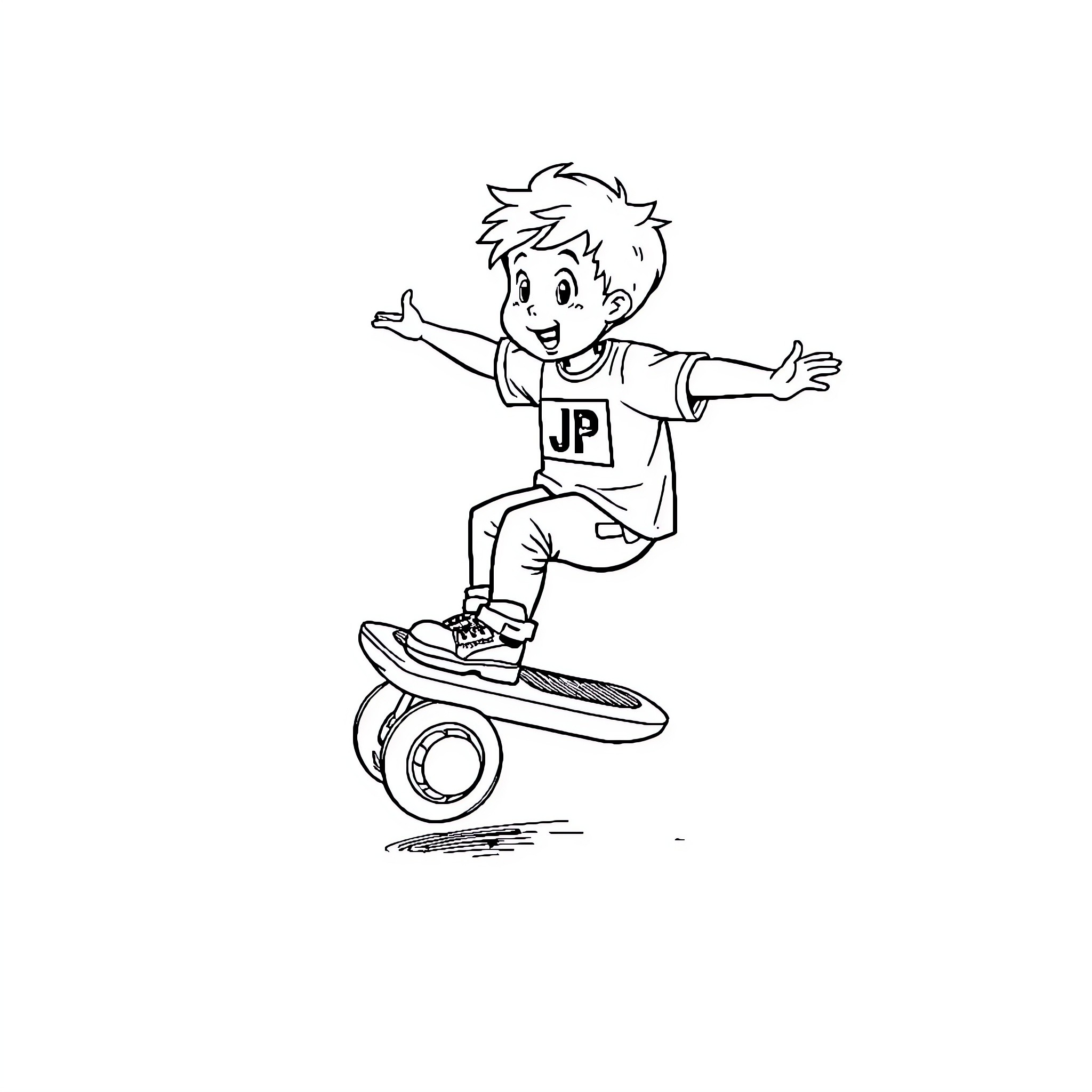 Kid riding a hoverboard with excitement Coloring Page (free black-and-white line drawing printable PDF for all, from beginners to advanced learners, including children, teens, adults, and seniors)