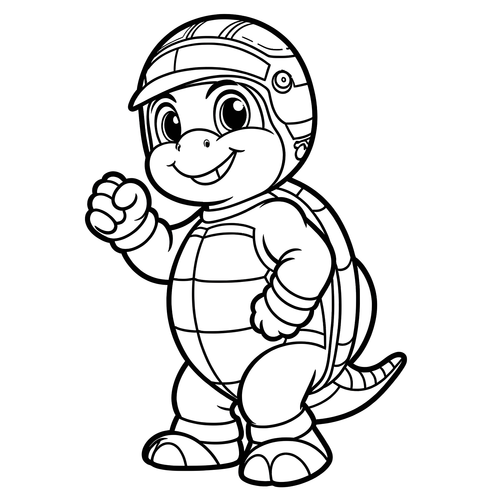 Turbo Turtle Adventurer Turtle in Protective Gear Coloring Page (free black-and-white line drawing printable PDF for all, from beginners to advanced learners, including children, teens, adults, and seniors)