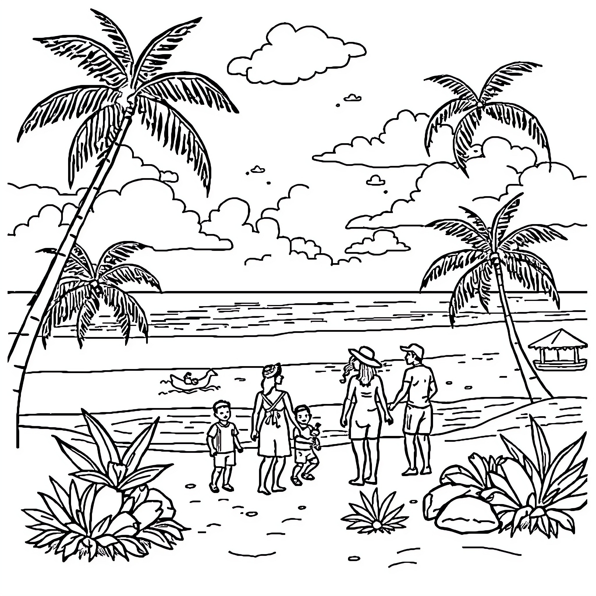 Family enjoying a sunny day at the beach Coloring Page (free black-and-white line drawing printable PDF for all, from beginners to advanced learners, including children, teens, adults, and seniors)