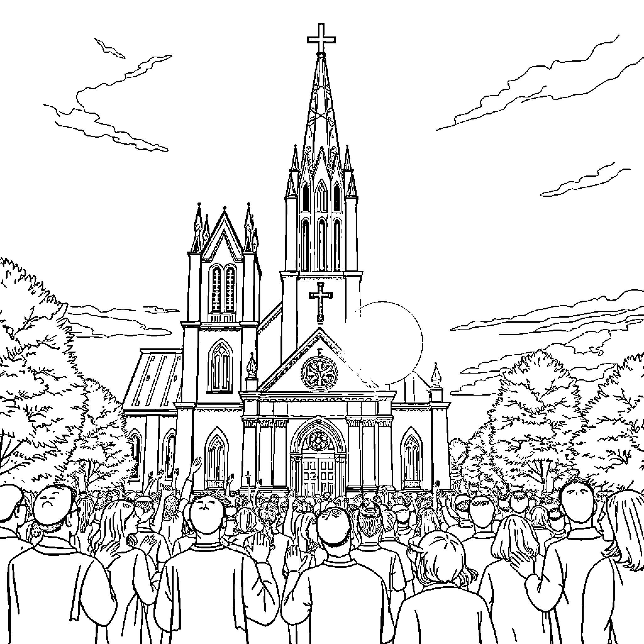Basilica with Crowd Gathered Outdoors Coloring Page (free black-and-white line drawing printable PDF for all, from beginners to advanced learners, including children, teens, adults, and seniors)