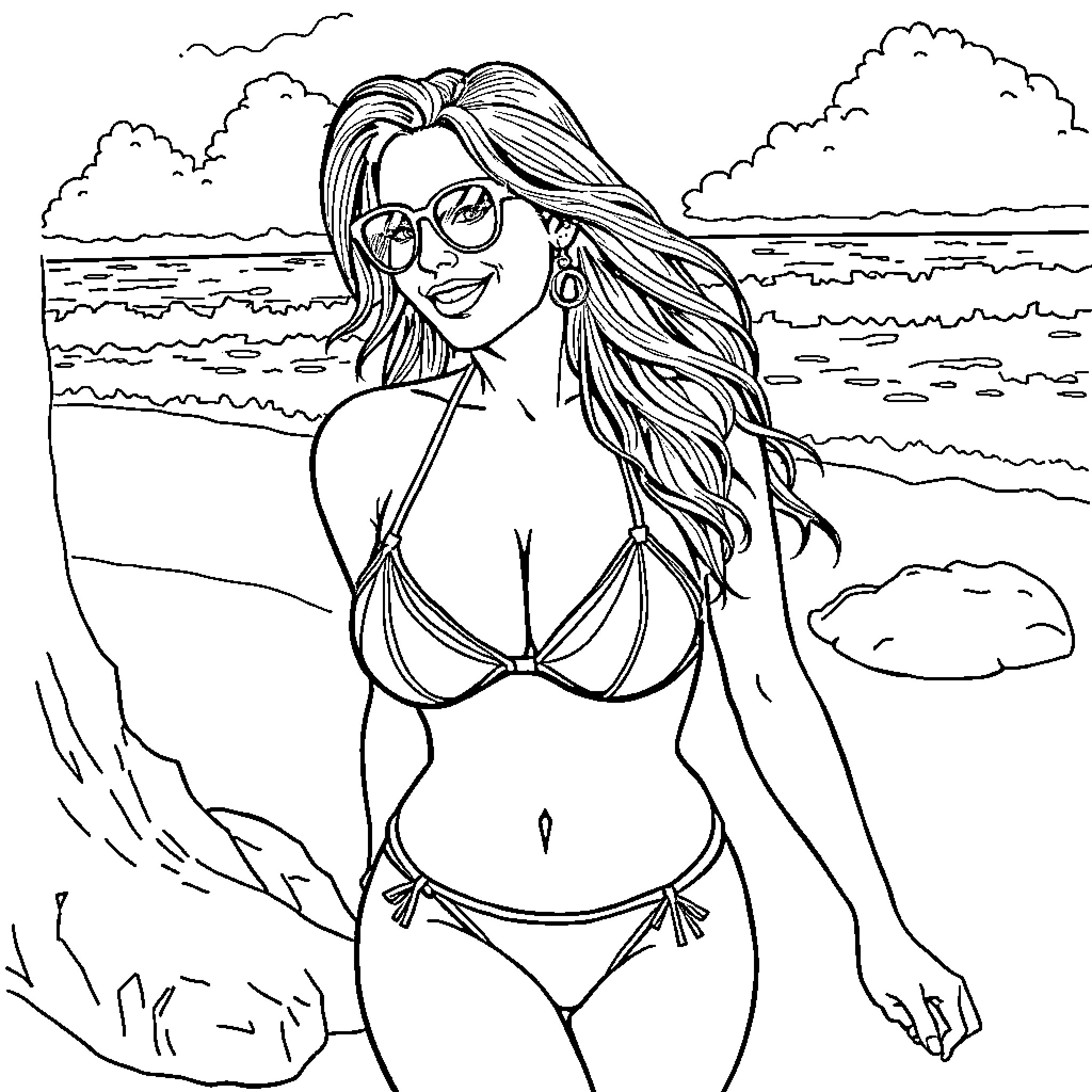 Sofia Vergara enjoying the beach in a swimsuit Coloring Page (free black-and-white line drawing printable PDF for all, from beginners to advanced learners, including children, teens, adults, and seniors)