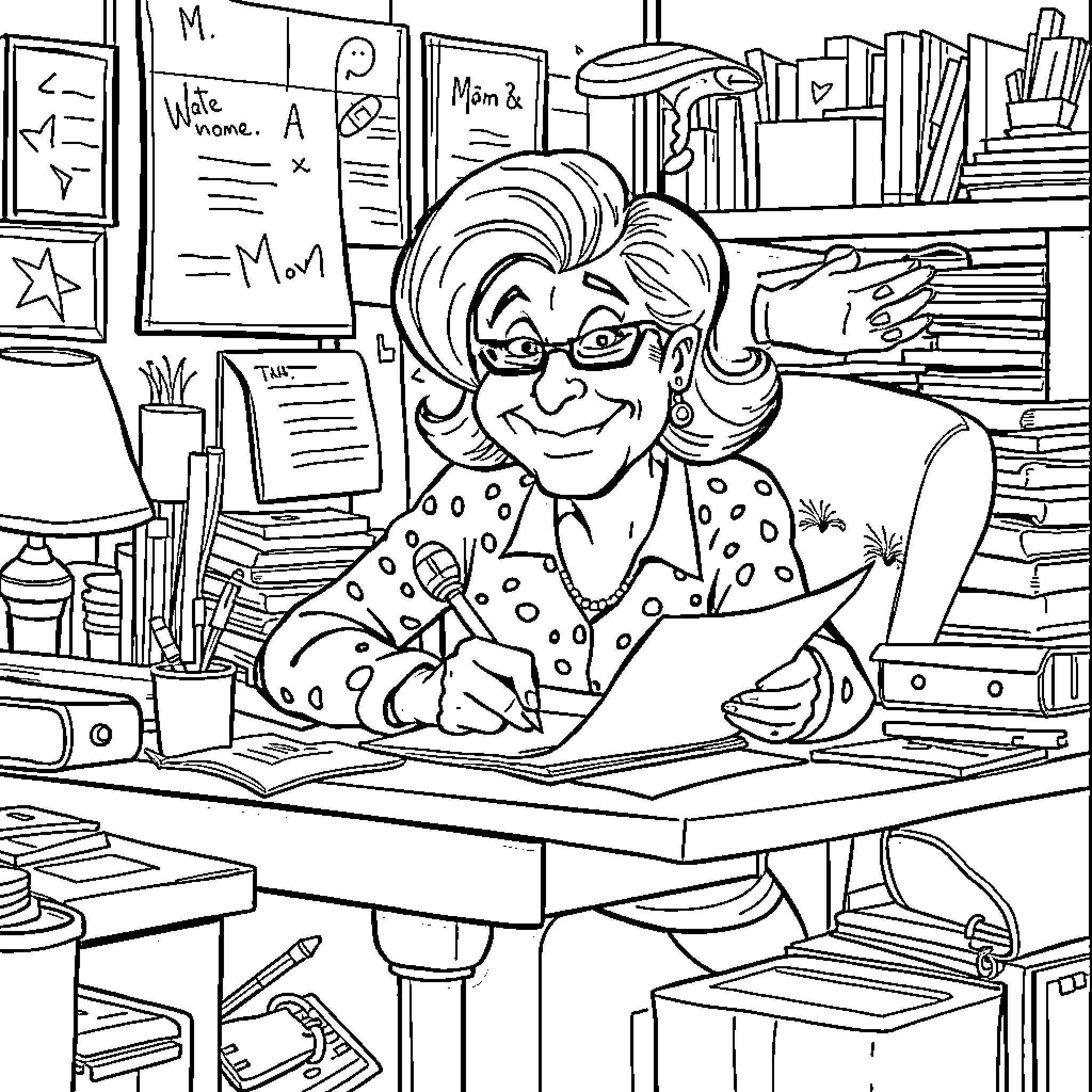 Mom working diligently in her home office Coloring Page (free black-and-white line drawing printable PDF for all, from beginners to advanced learners, including children, teens, adults, and seniors)