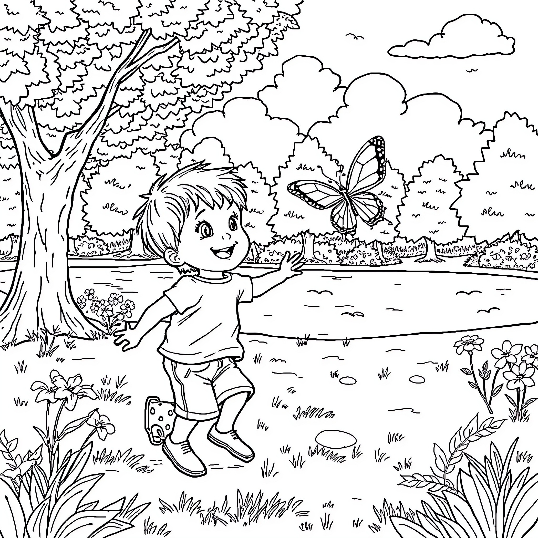 Kid playing with butterflies in nature Coloring Page (free black-and-white line drawing printable PDF for all, from beginners to advanced learners, including children, teens, adults, and seniors)