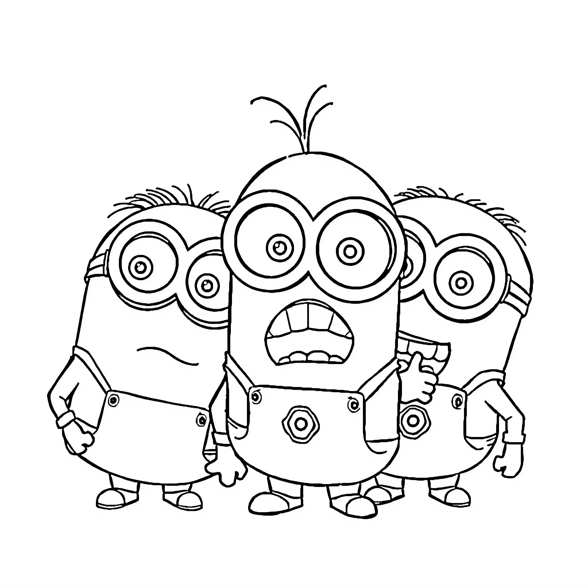 Minions posing in various expressions Coloring Page (free black-and-white line drawing printable PDF for all, from beginners to advanced learners, including children, teens, adults, and seniors)