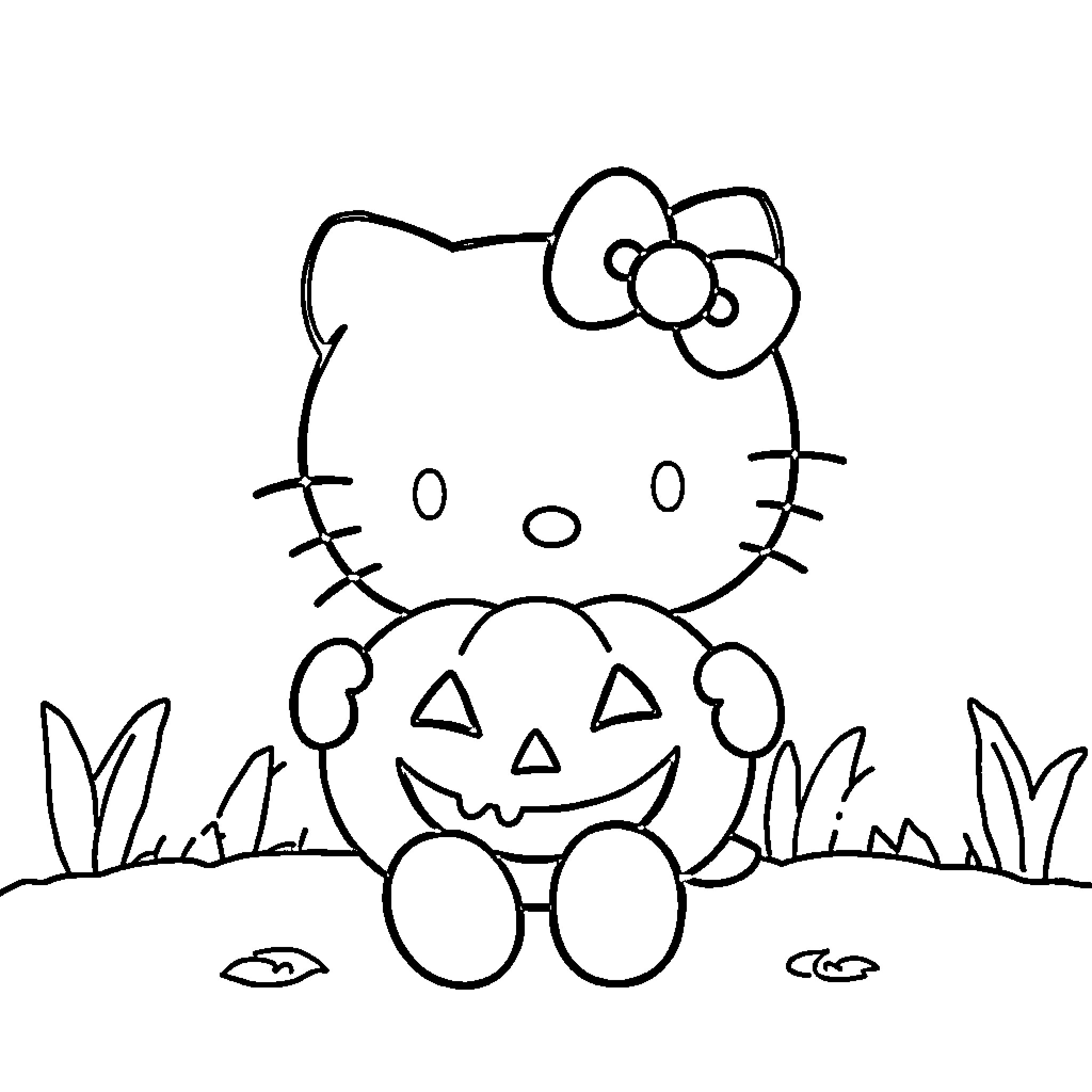 Hello Kitty Sitting with Pumpkin Coloring Page (free black-and-white line drawing printable PDF for all, from beginners to advanced learners, including children, teens, adults, and seniors)