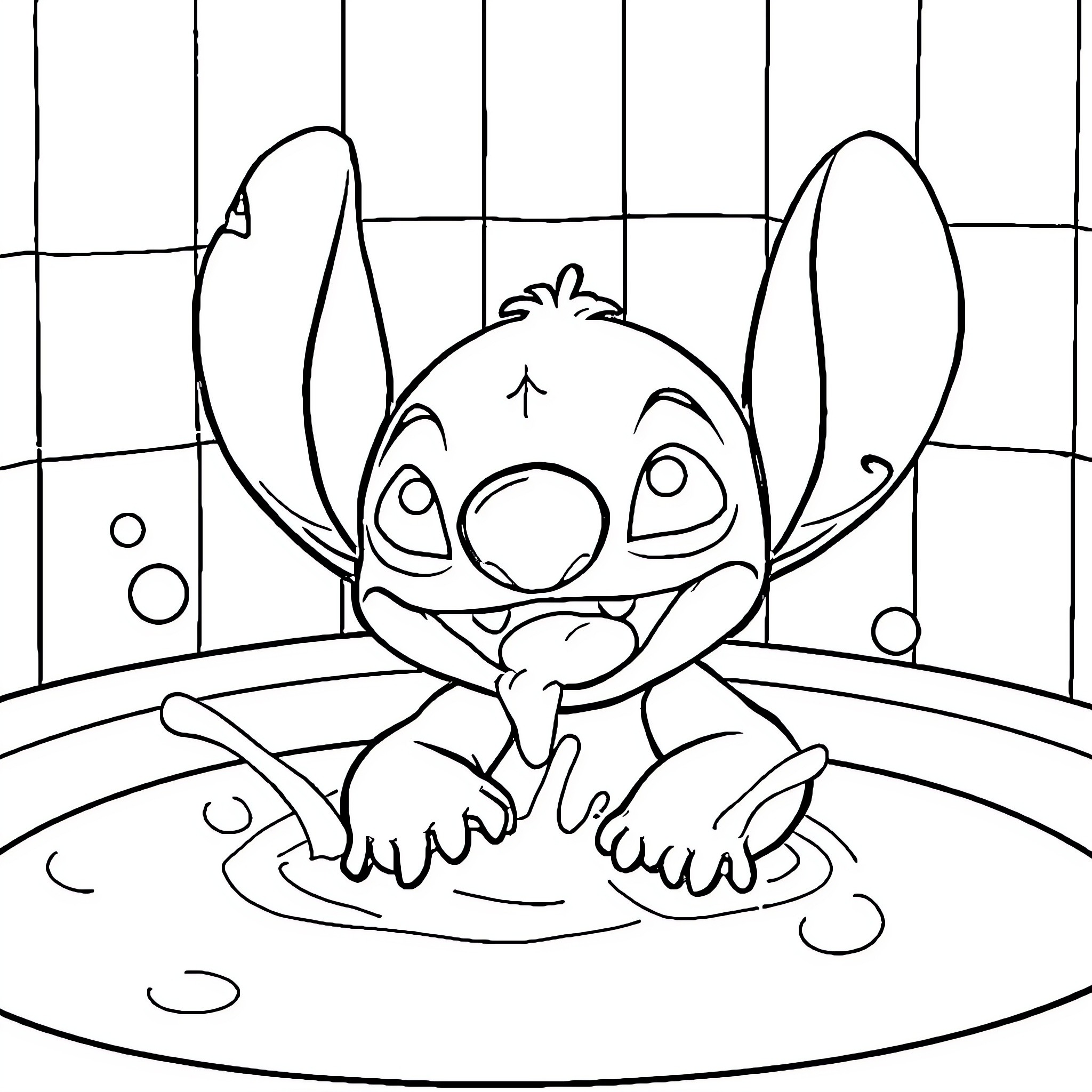 Stitch enjoying a bubble bath Coloring Page (free black-and-white line drawing printable PDF for all, from beginners to advanced learners, including children, teens, adults, and seniors)