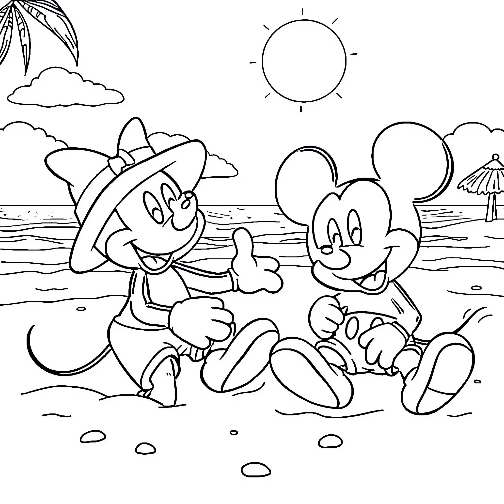 Bluey and Mickey Enjoying Beach Fun Coloring Page (free black-and-white line drawing printable PDF for all, from beginners to advanced learners, including children, teens, adults, and seniors)